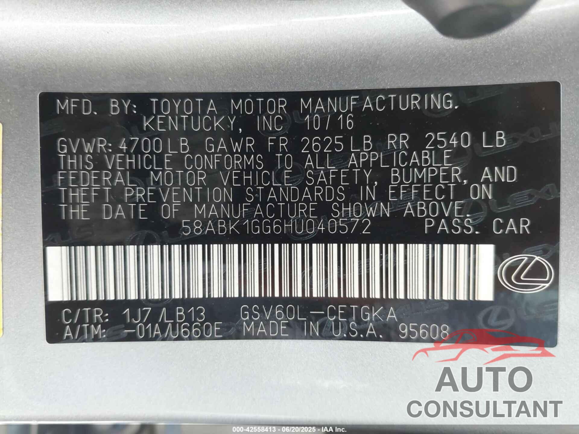 LEXUS ES 350 2017 - 58ABK1GG6HU040572