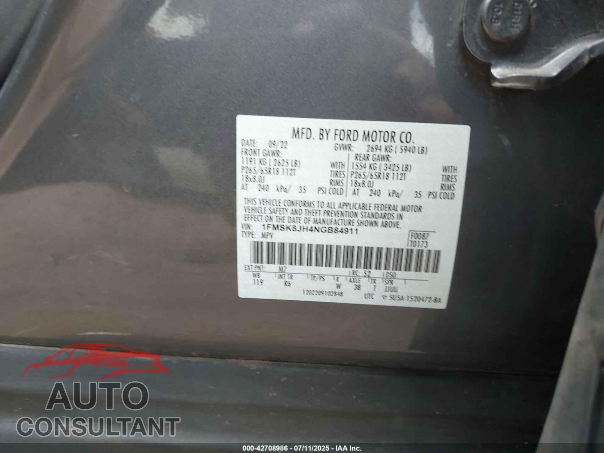 FORD EXPLORER 2022 - 1FMSK8JH4NGB84911