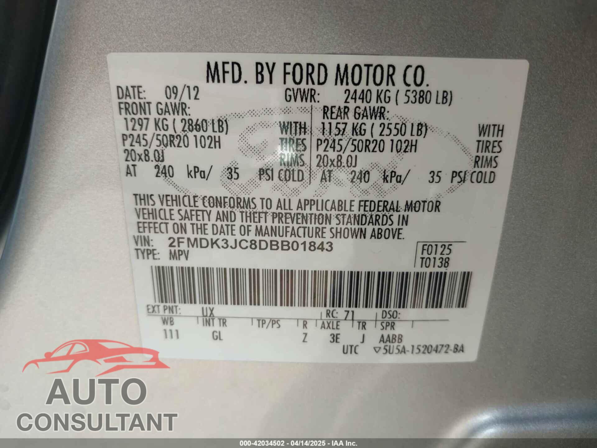 FORD EDGE 2013 - 2FMDK3JC8DBB01843
