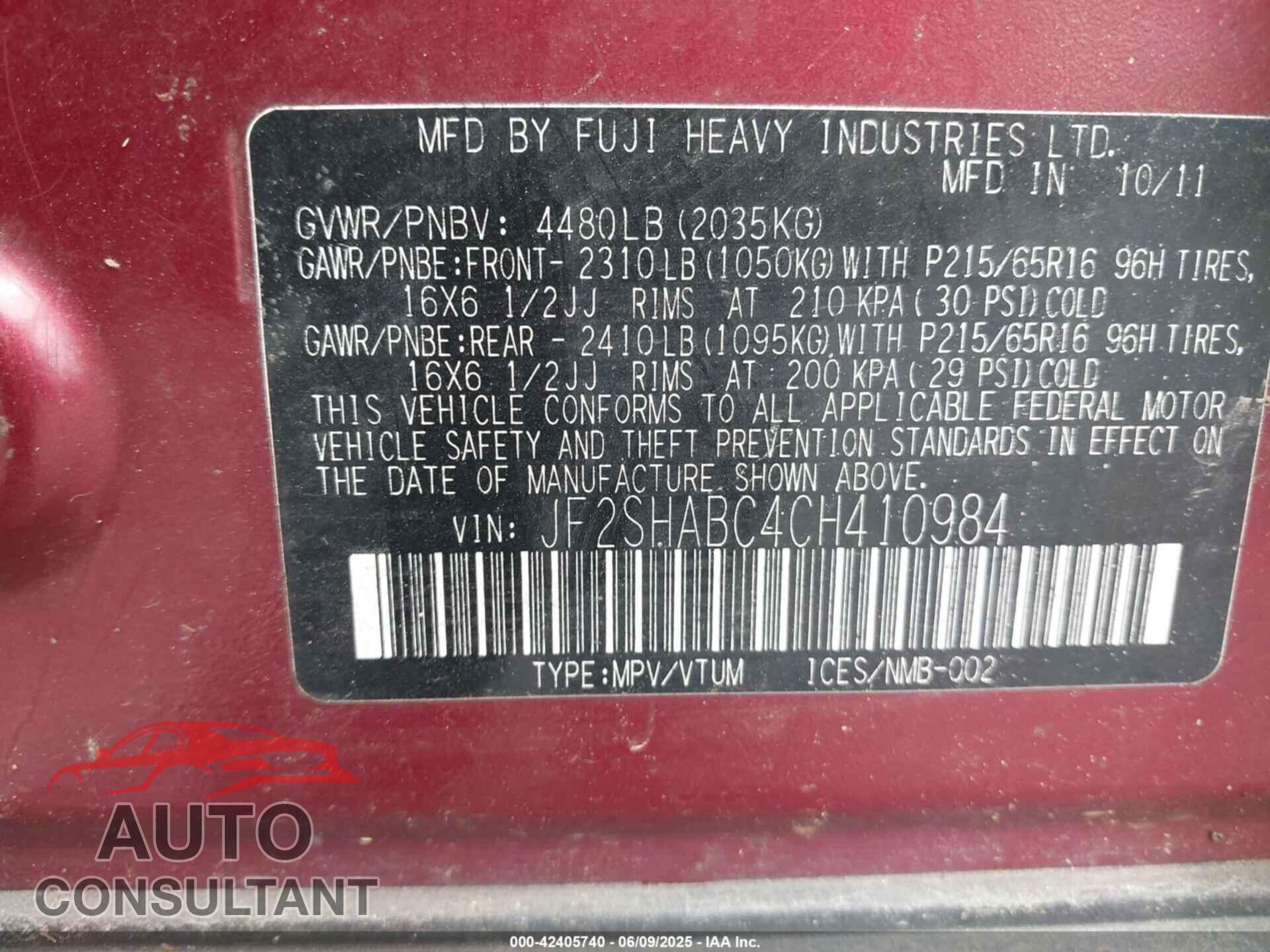 SUBARU FORESTER 2012 - JF2SHABC4CH410984
