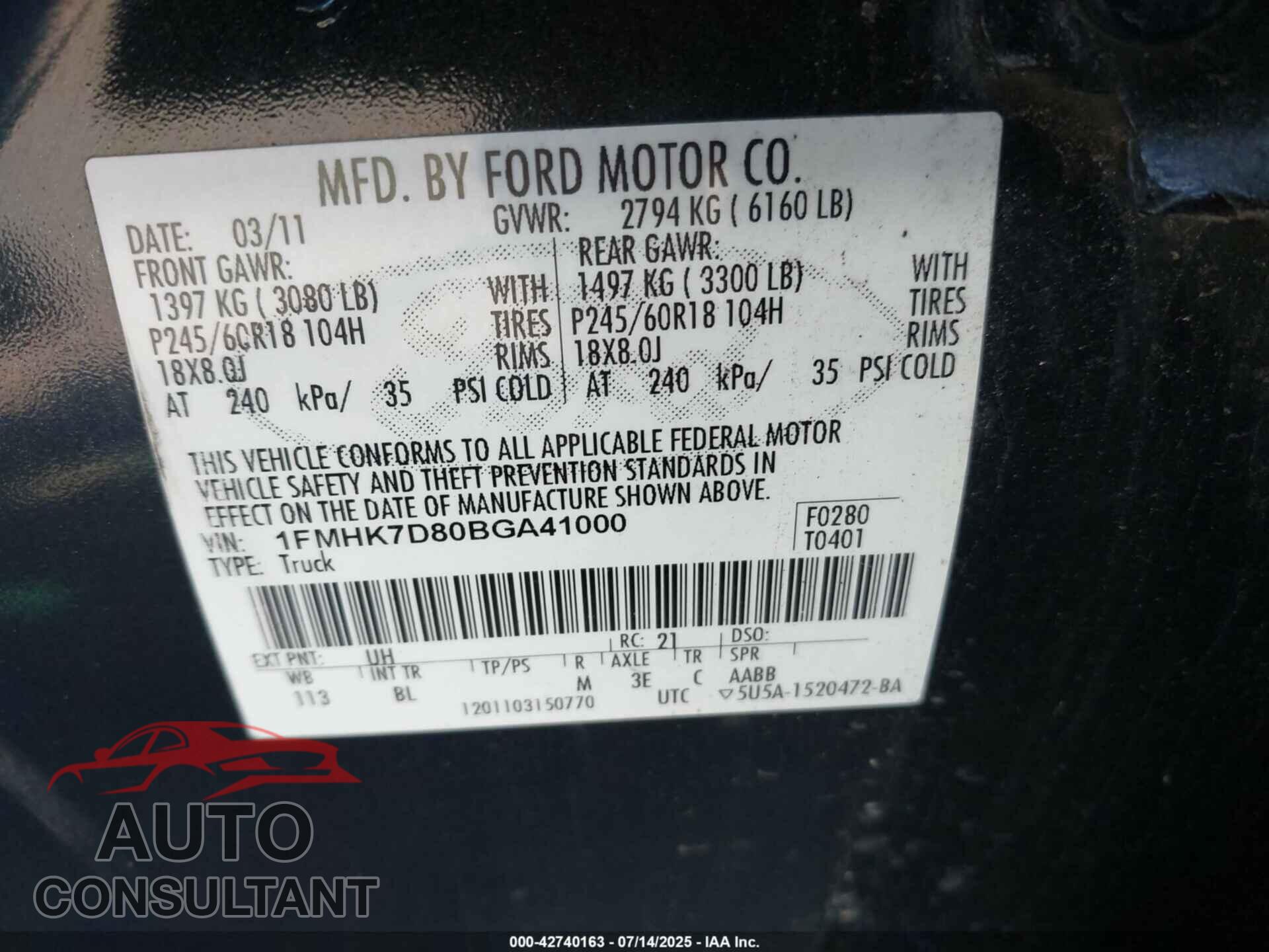 FORD EXPLORER 2011 - 1FMHK7D80BGA41000