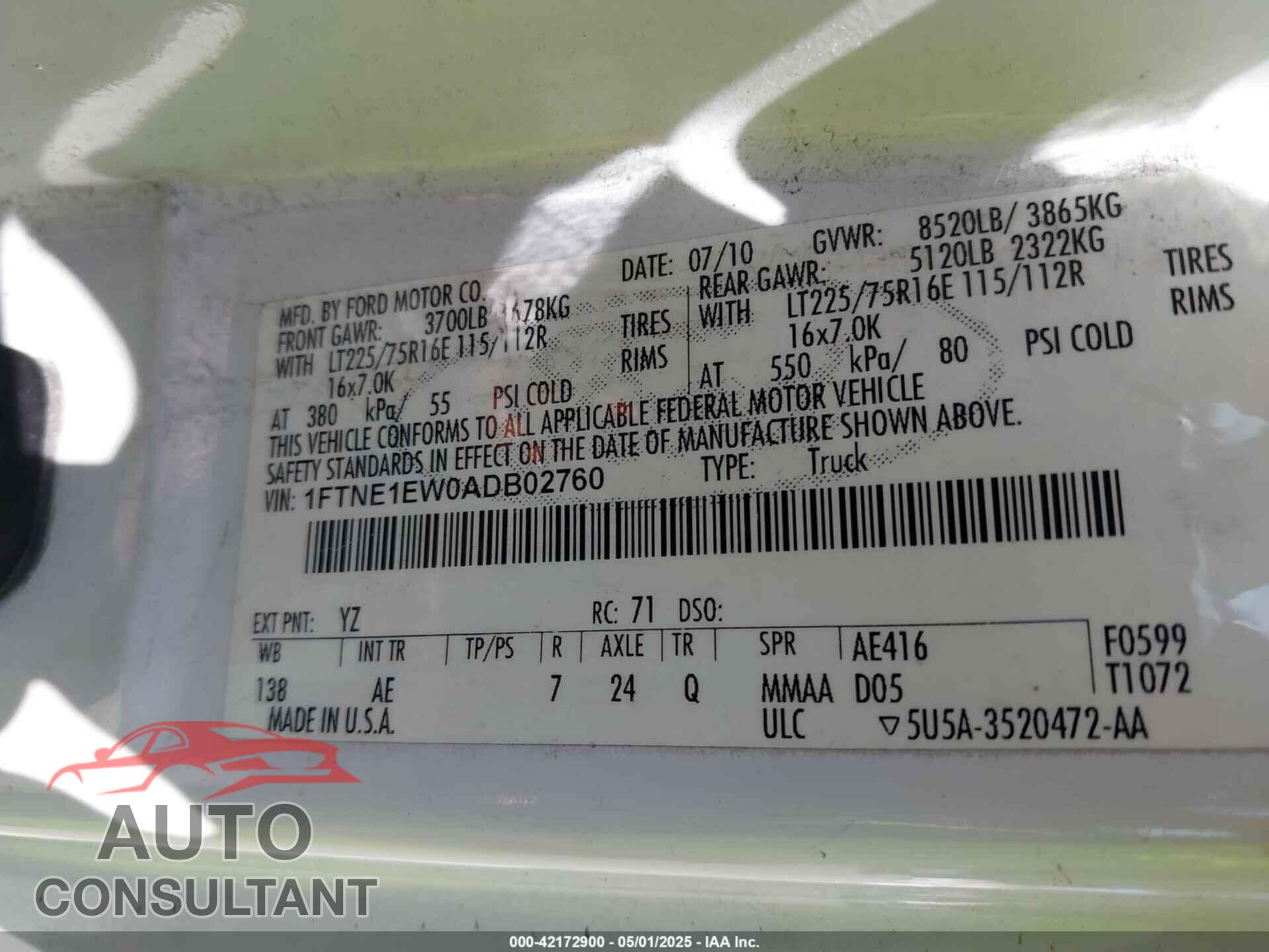FORD E-150 2010 - 1FTNE1EW0ADB02760