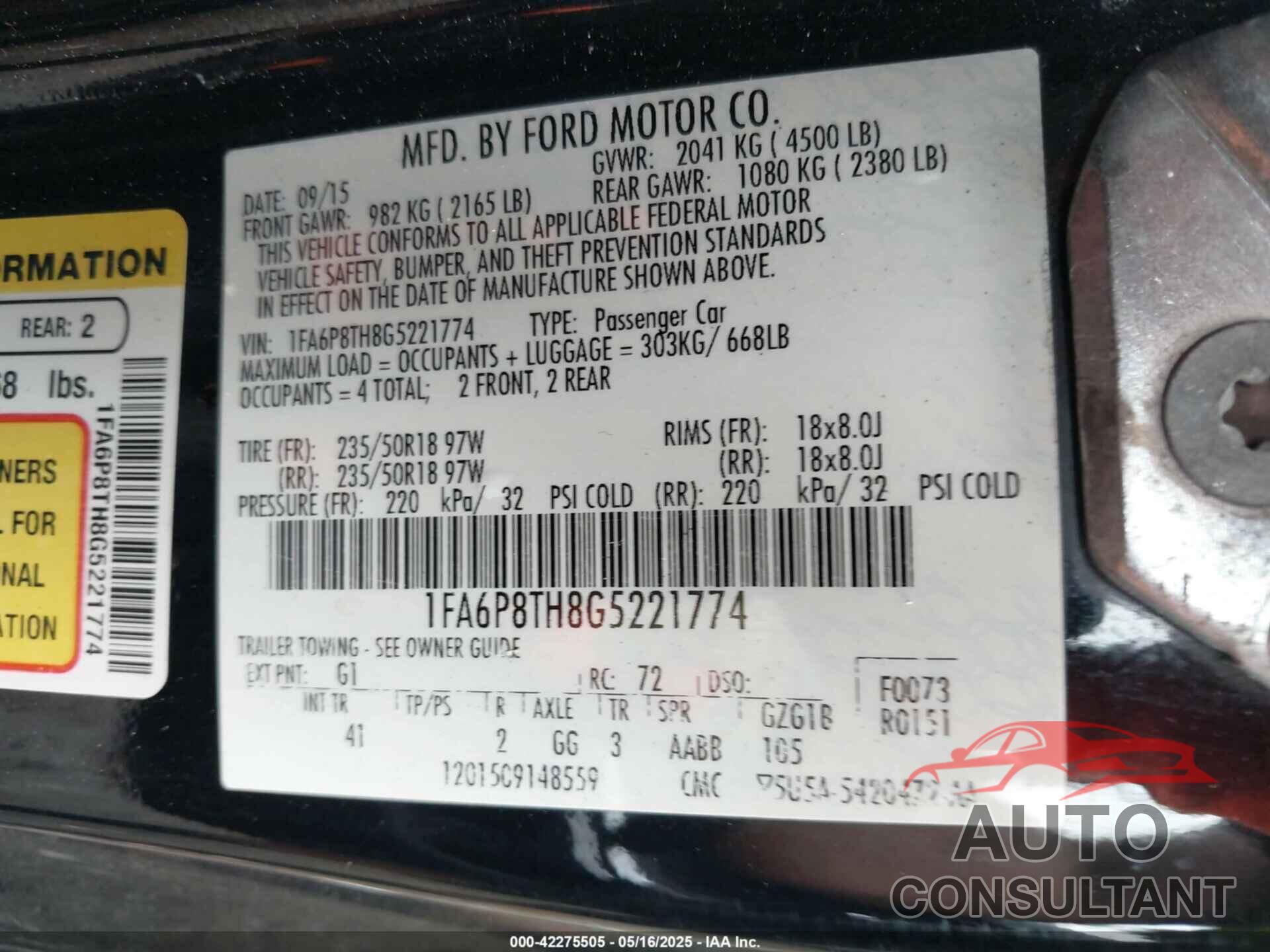FORD MUSTANG 2016 - 1FA6P8TH8G5221774
