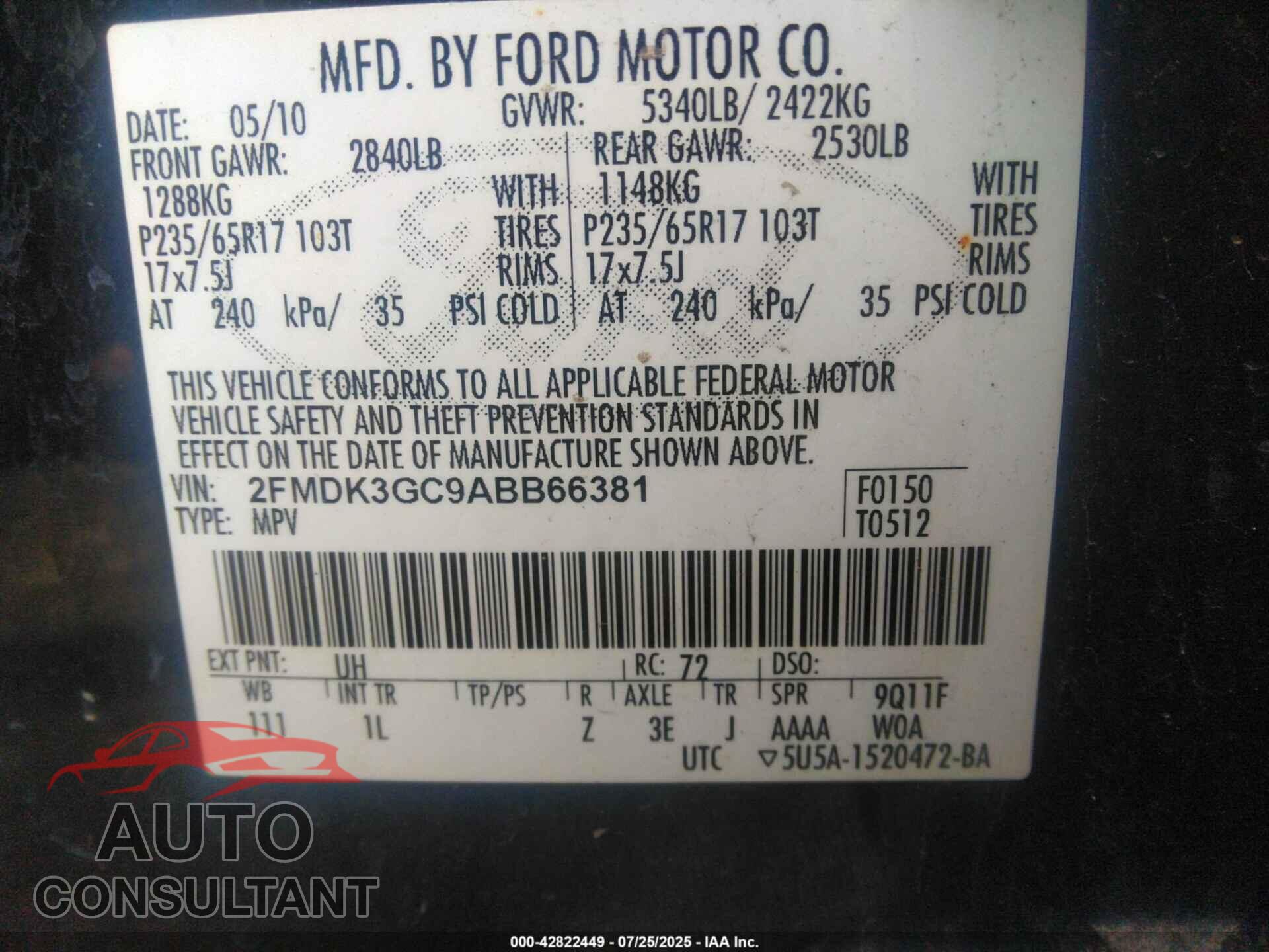 FORD EDGE 2010 - 2FMDK3GC9ABB66381