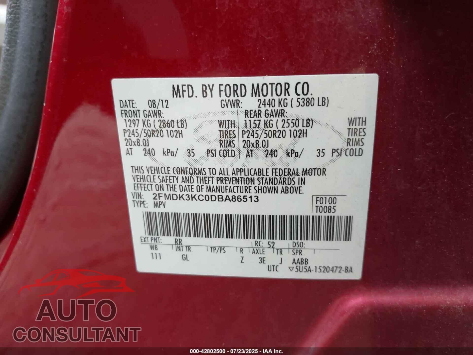 FORD EDGE 2013 - 2FMDK3KC0DBA86513