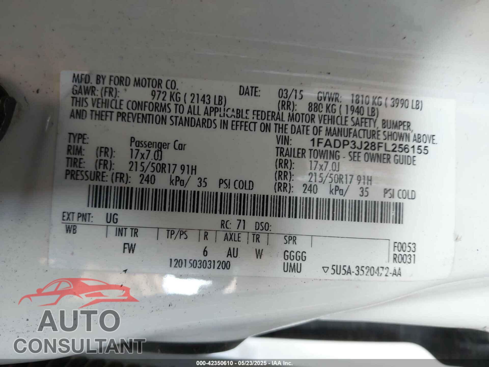 FORD FOCUS 2015 - 1FADP3J28FL256155