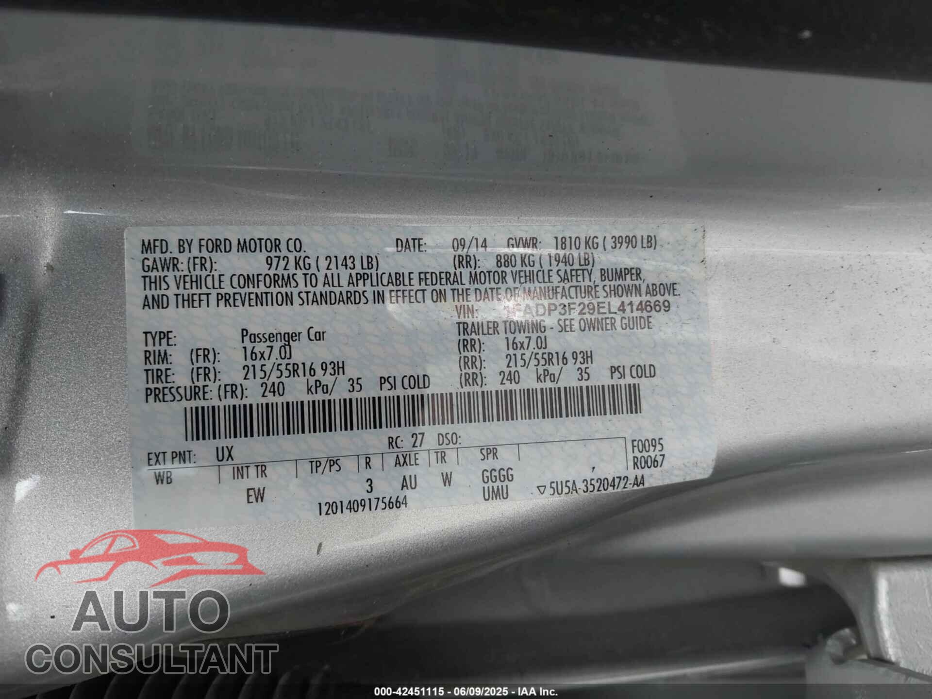 FORD FOCUS 2014 - 1FADP3F29EL414669