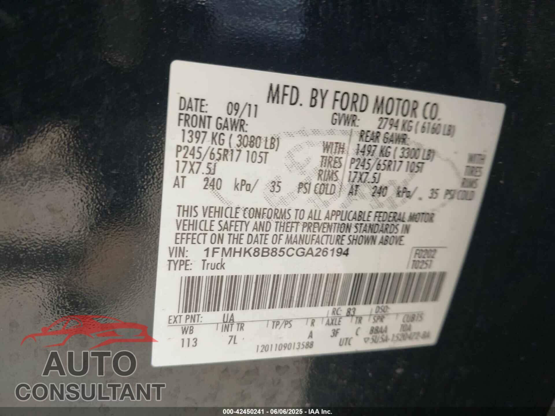 FORD EXPLORER 2012 - 1FMHK8B85CGA26194