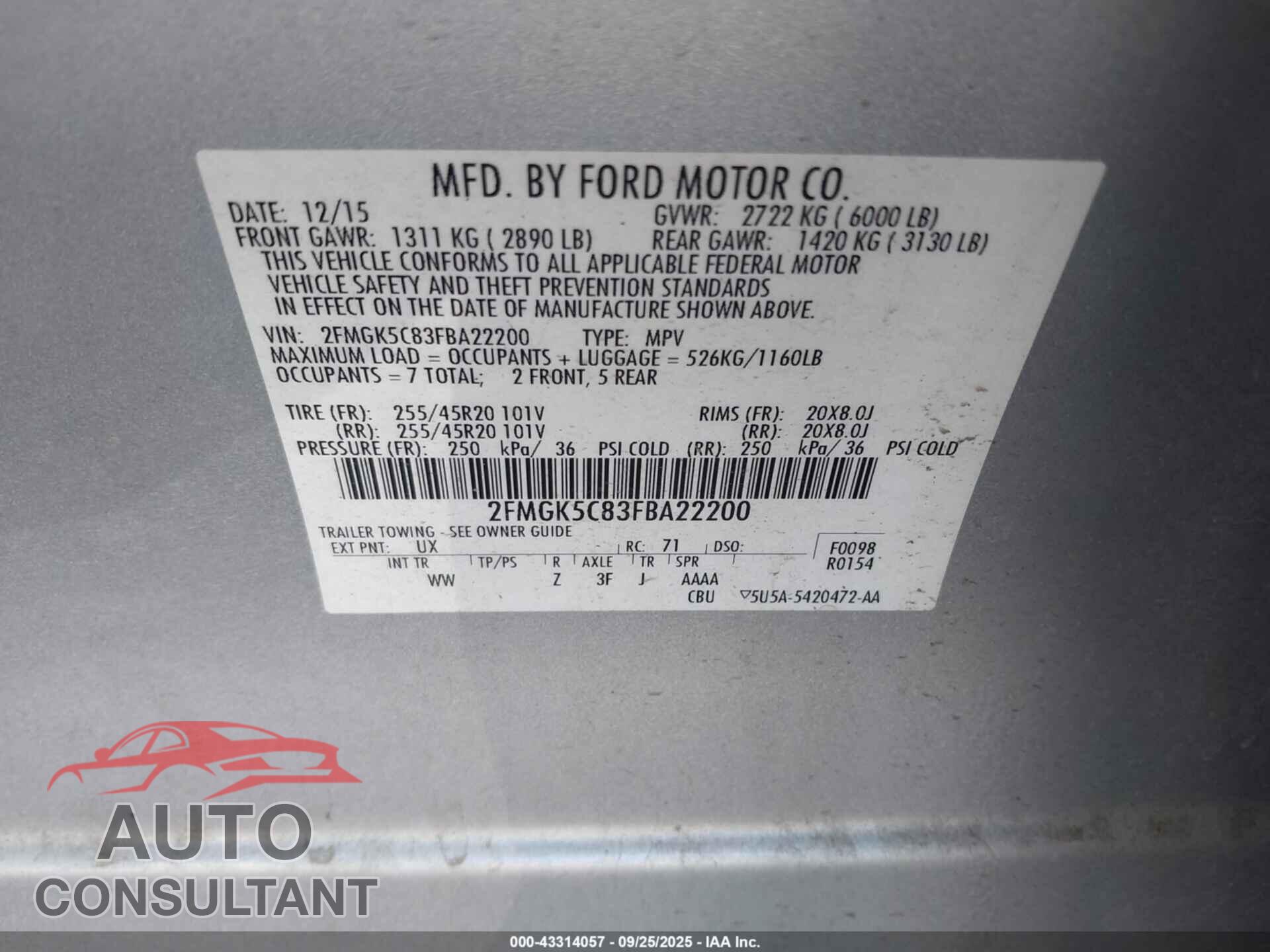 FORD FLEX 2015 - 2FMGK5C83FBA22200