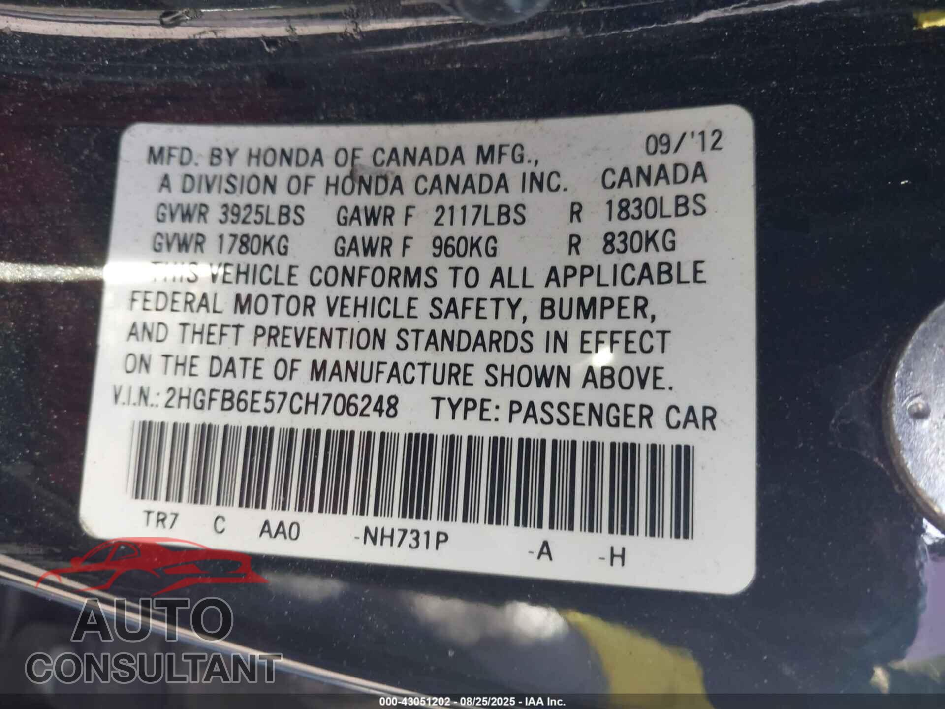 HONDA CIVIC 2012 - 2HGFB6E57CH706248