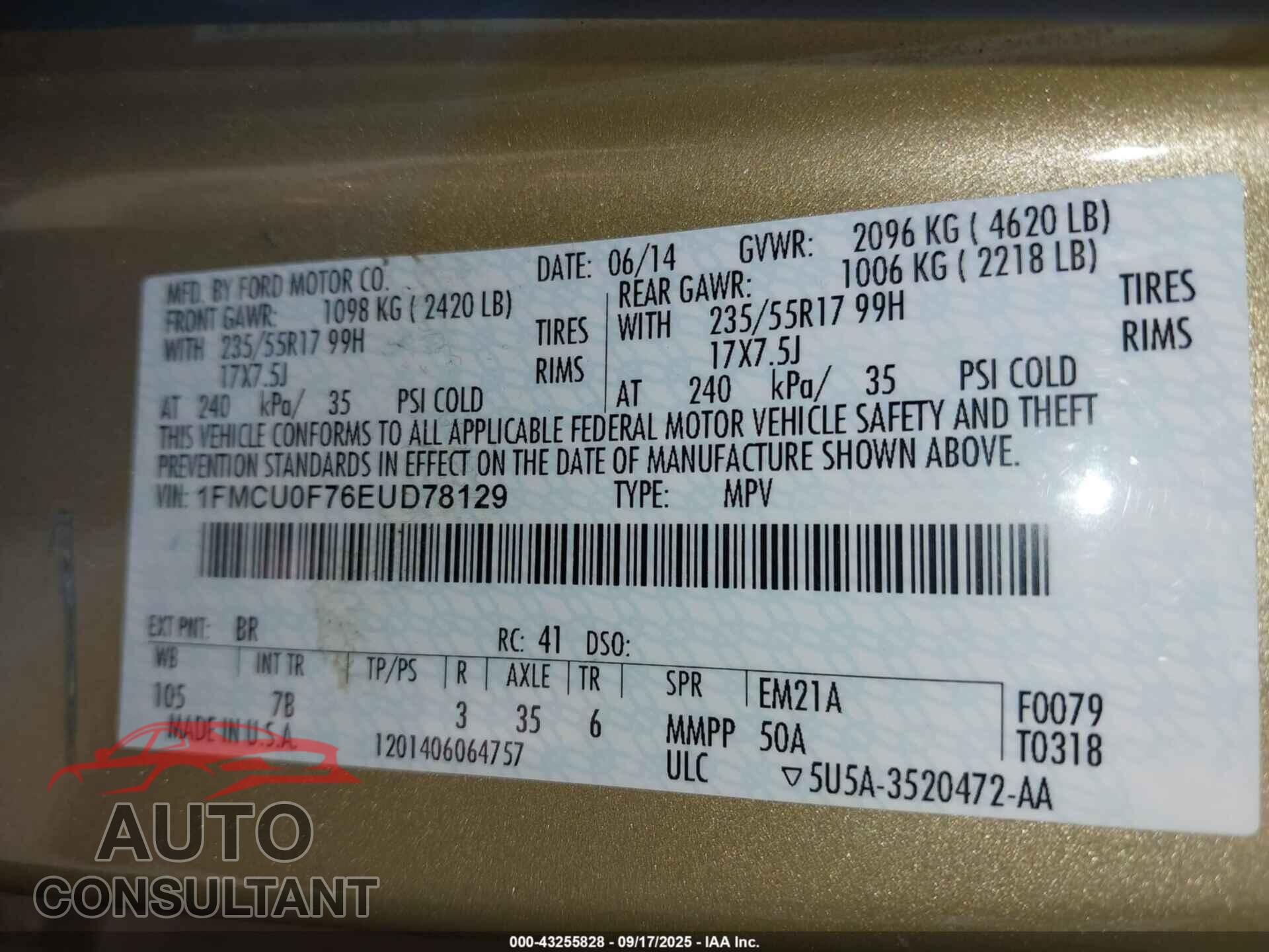 FORD ESCAPE 2014 - 1FMCU0F76EUD78129