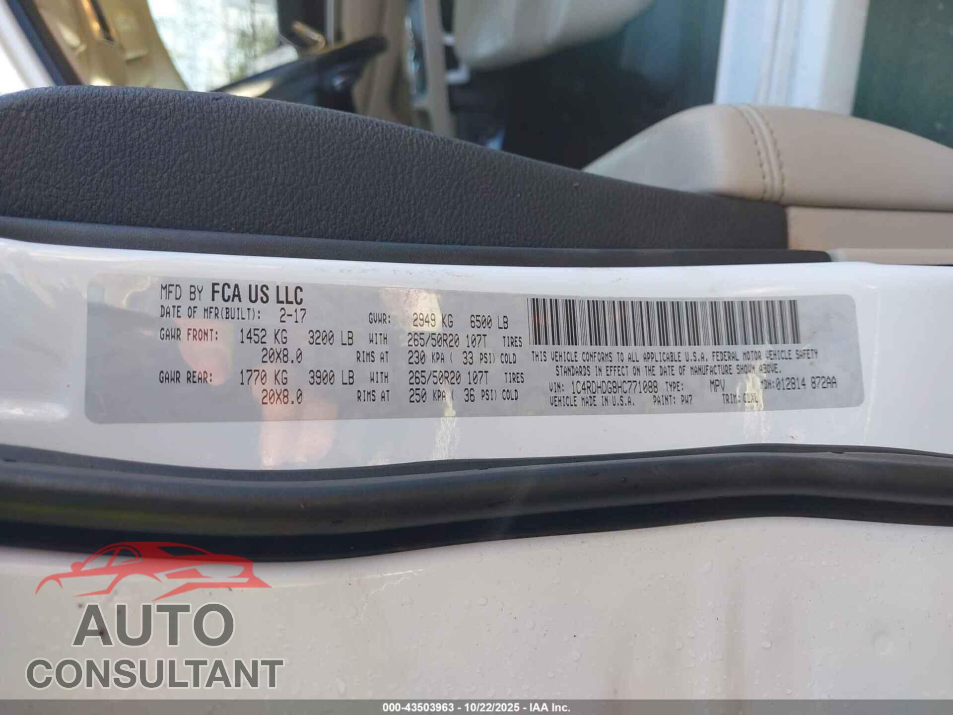 DODGE DURANGO 2017 - 1C4RDHDG8HC771088