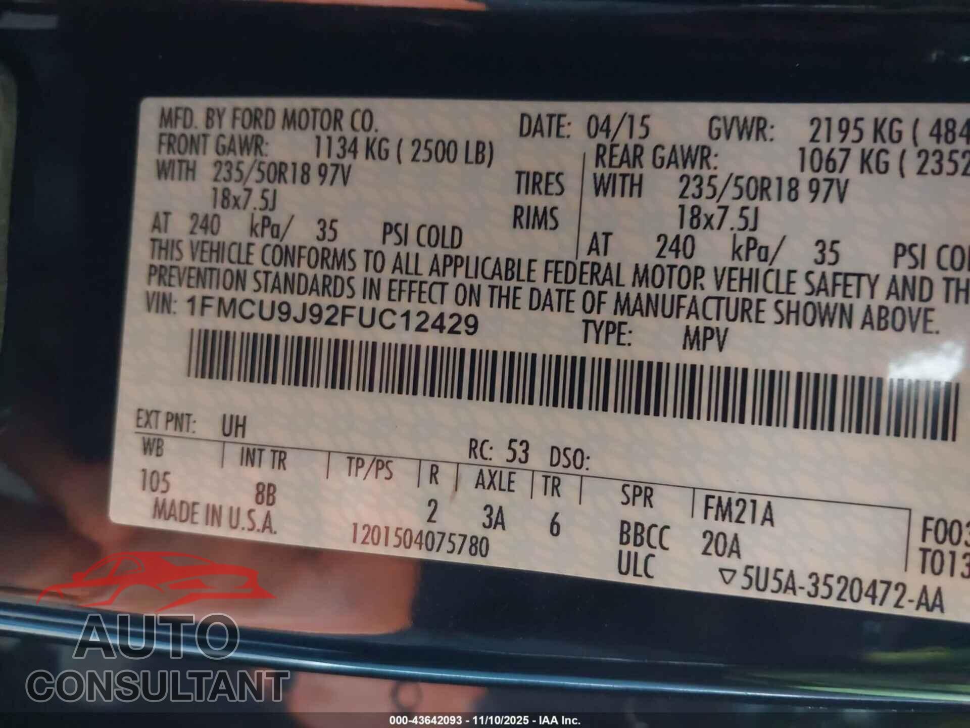 FORD ESCAPE 2015 - 1FMCU9J92FUC12429