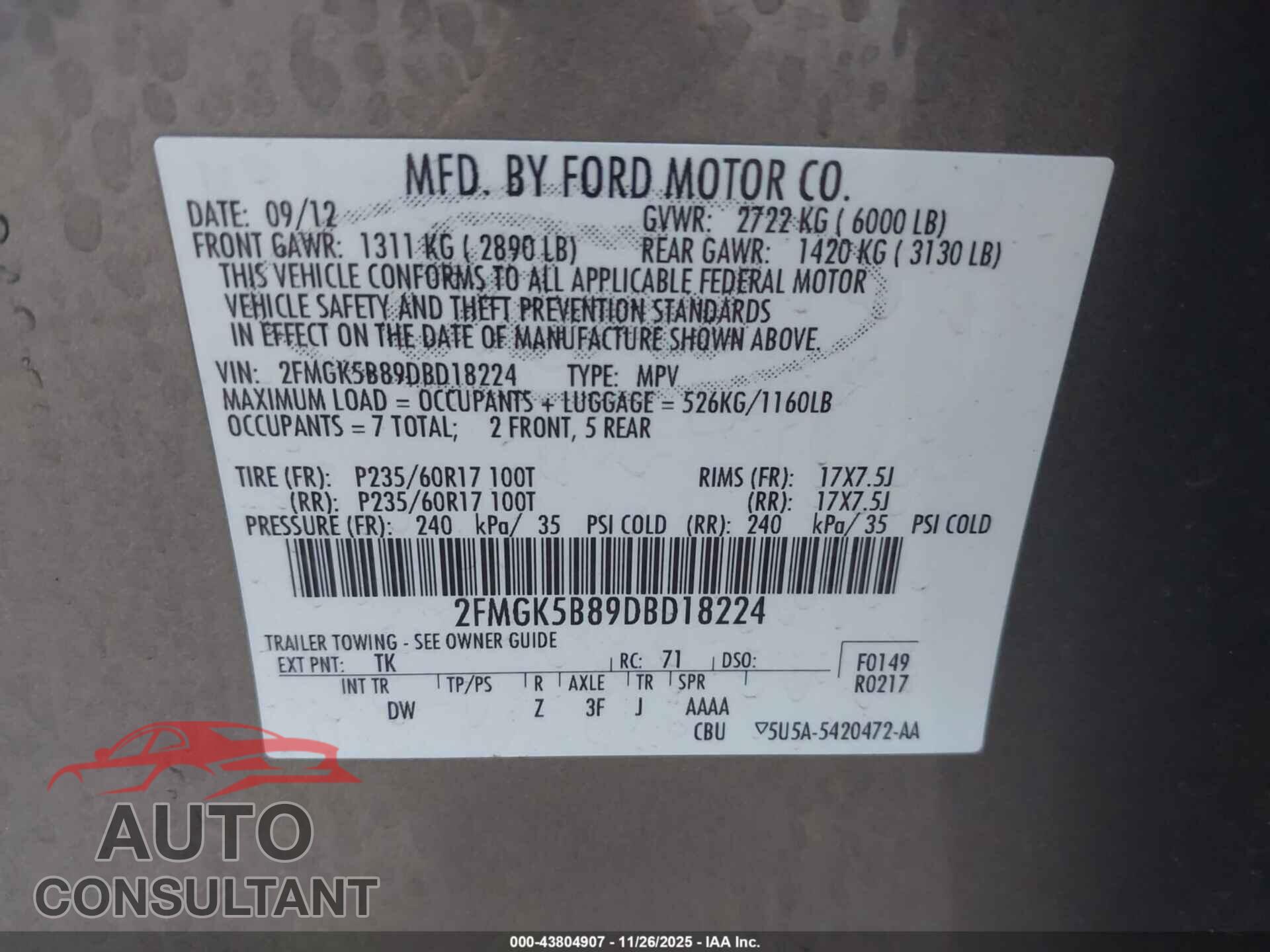 FORD FLEX 2013 - 2FMGK5B89DBD18224