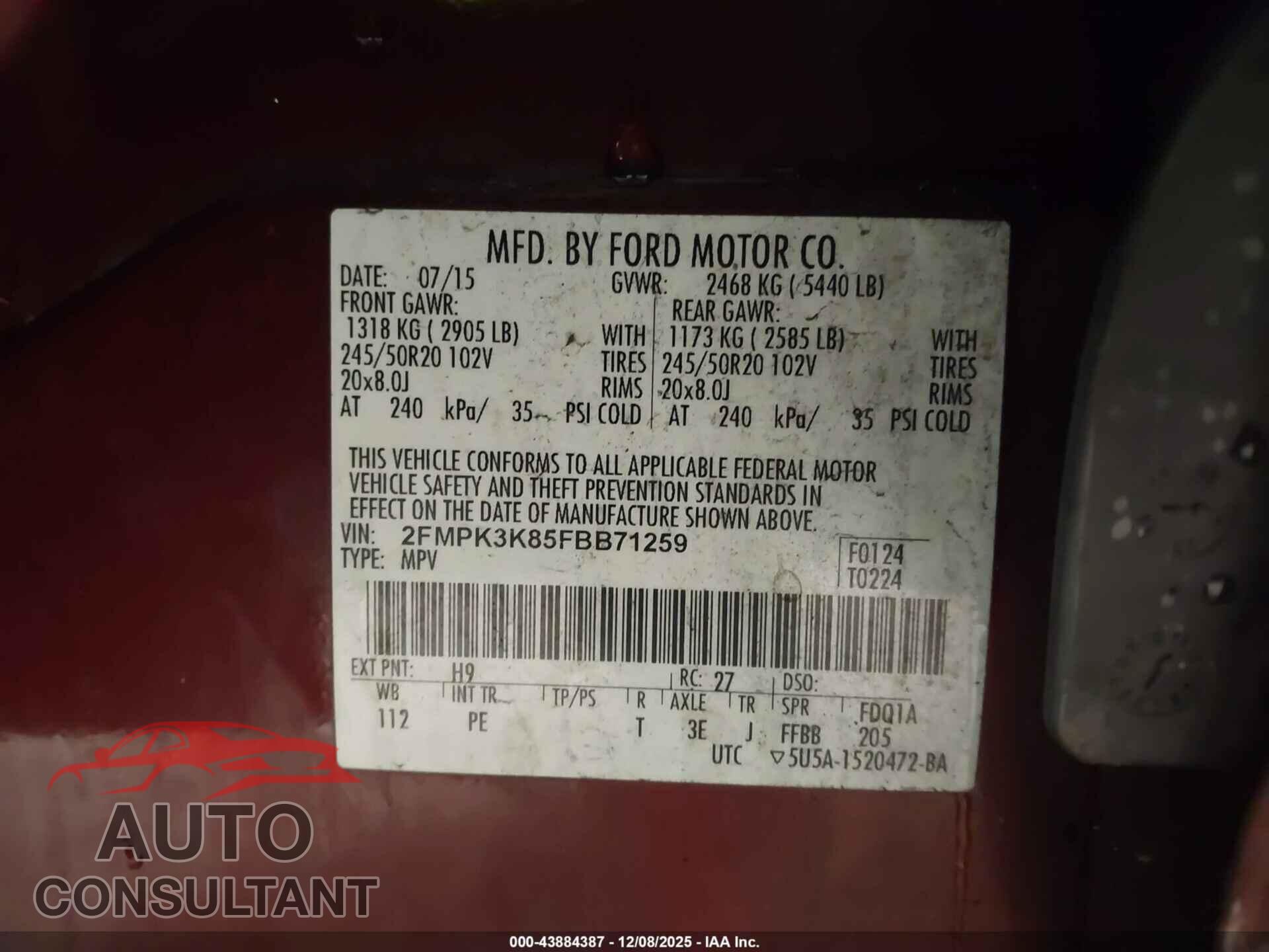 FORD EDGE 2015 - 2FMPK3K85FBB71259