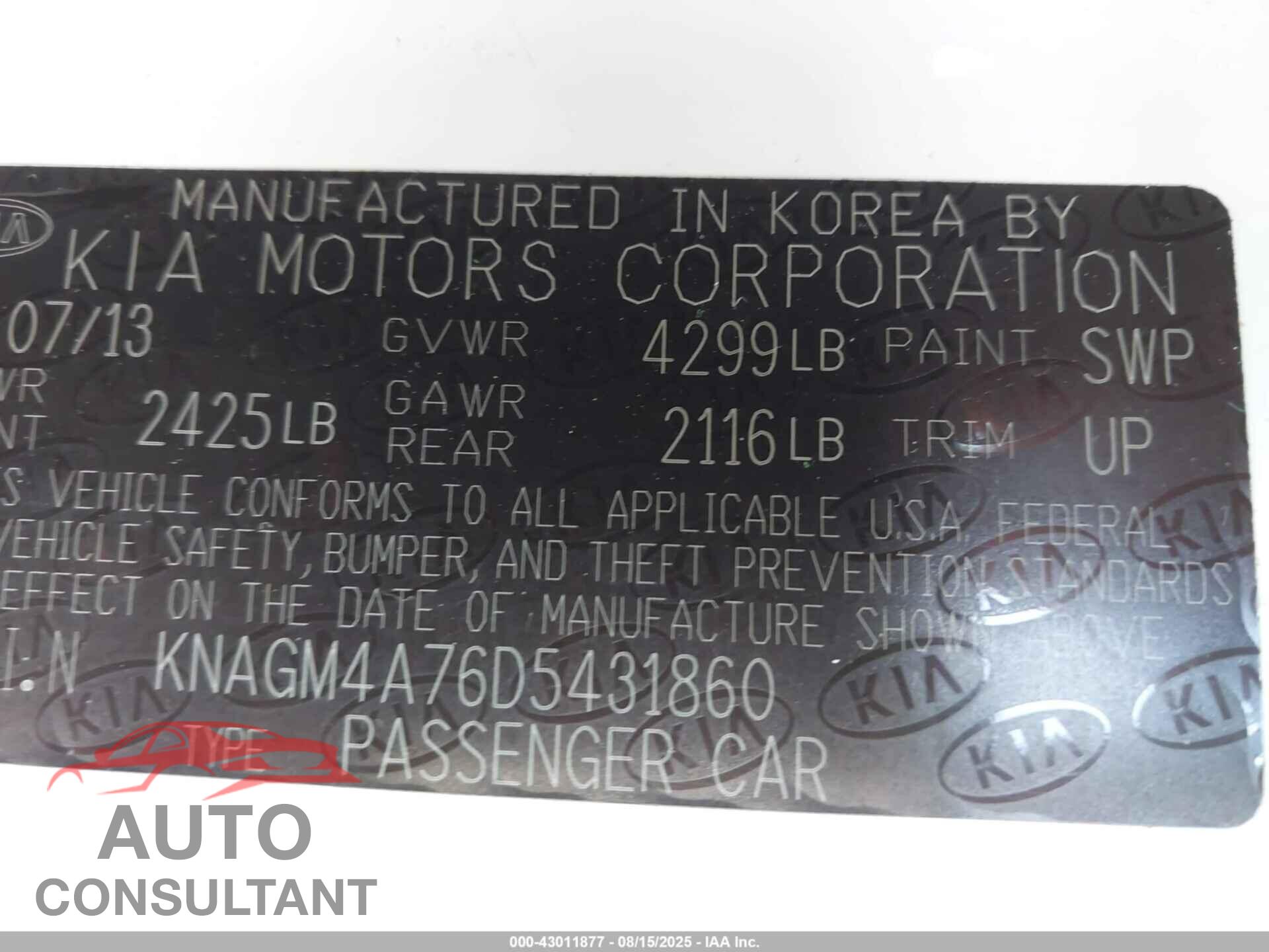 KIA OPTIMA 2013 - KNAGM4A76D5431860