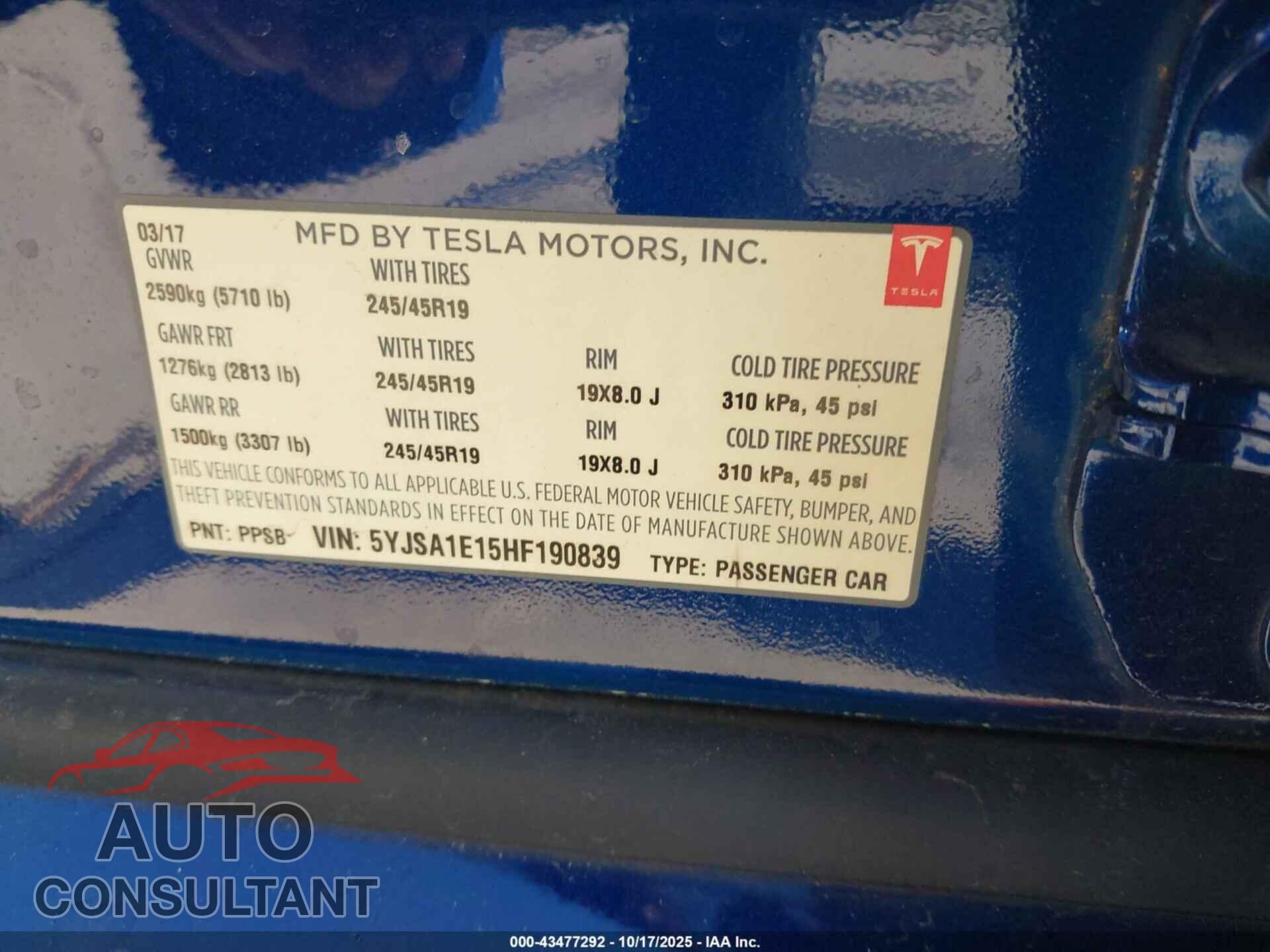 TESLA MODEL S 2017 - 5YJSA1E15HF190839