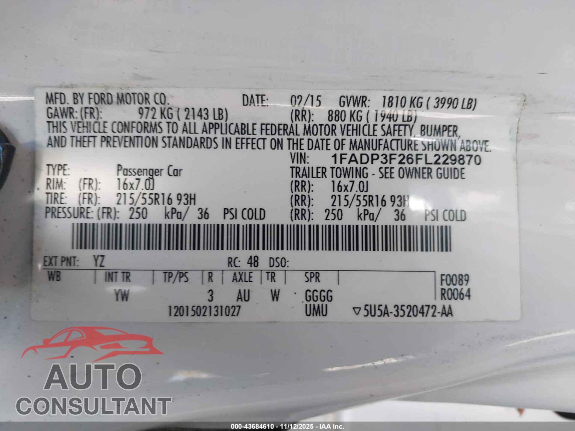 FORD FOCUS 2015 - 1FADP3F26FL229870