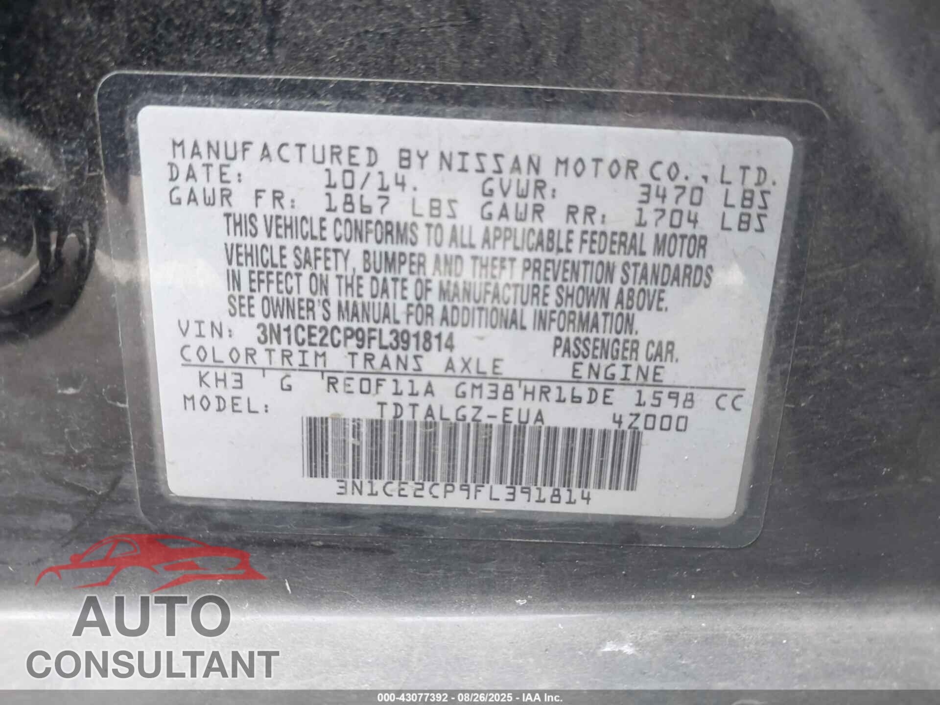 NISSAN VERSA NOTE 2015 - 3N1CE2CP9FL391814