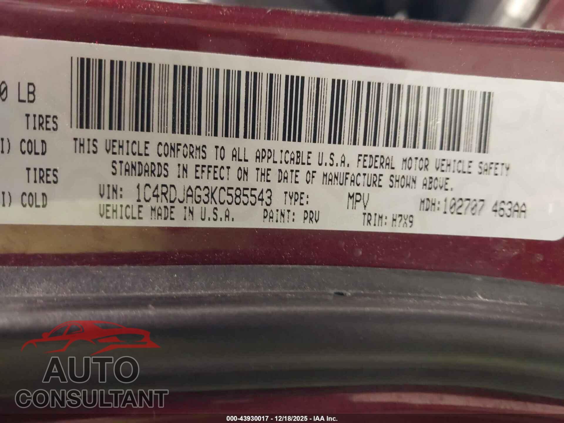 DODGE DURANGO 2019 - 1C4RDJAG3KC585543