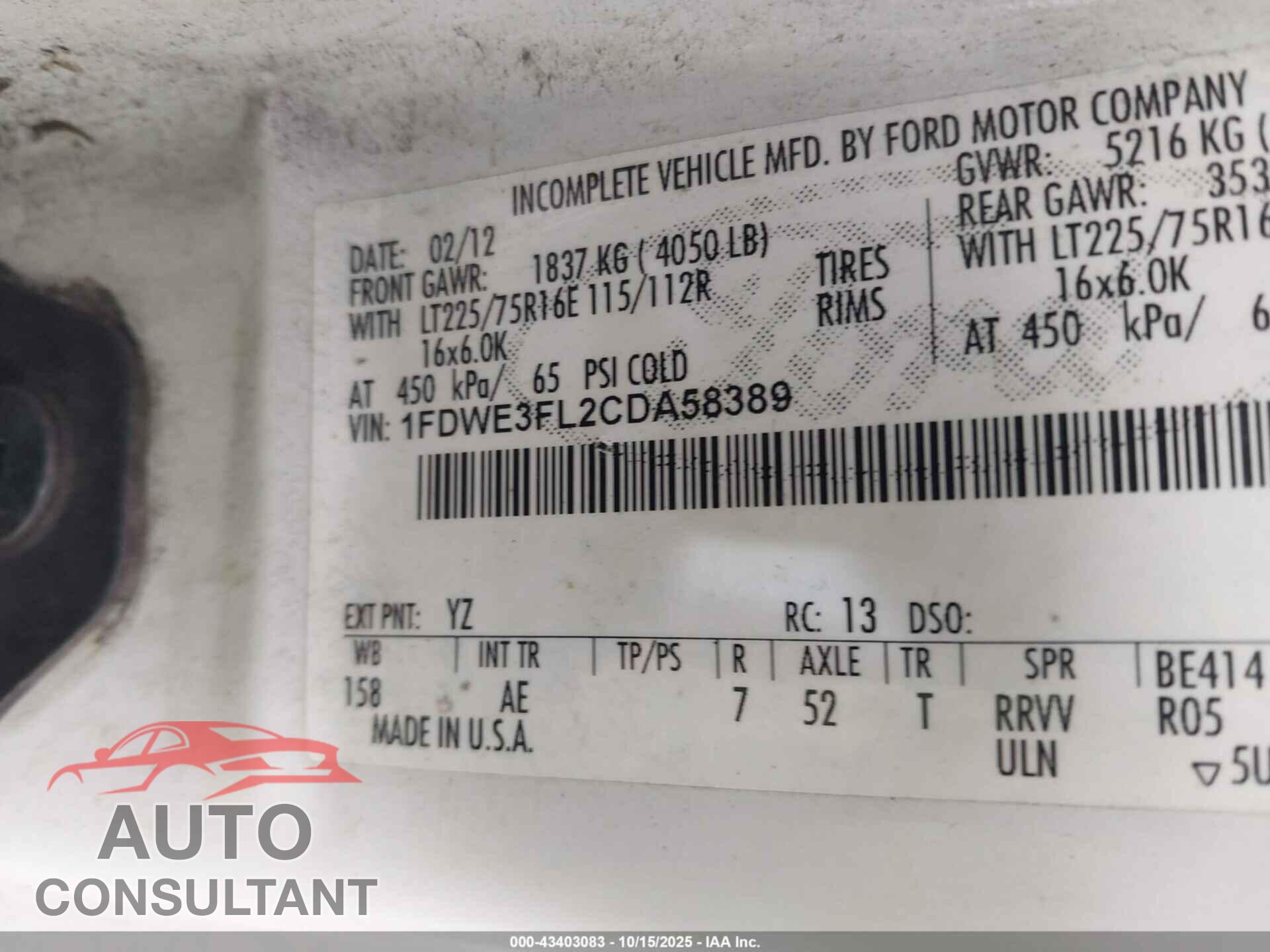 FORD E-350 CUTAWAY 2012 - 1FDWE3FL2CDA58389