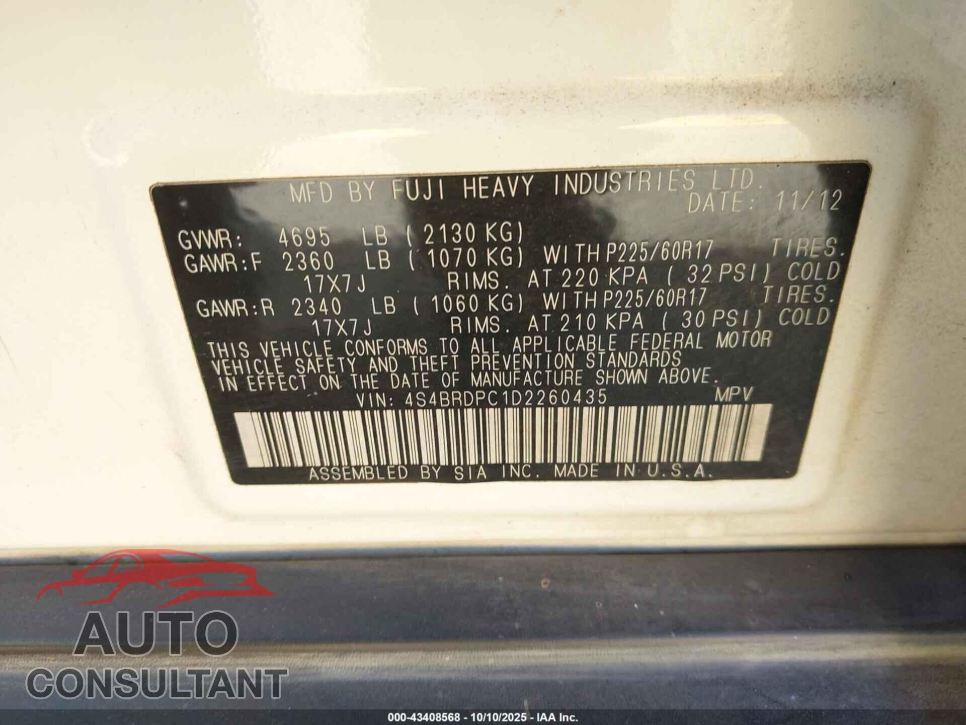 SUBARU OUTBACK 2013 - 4S4BRDPC1D2260435