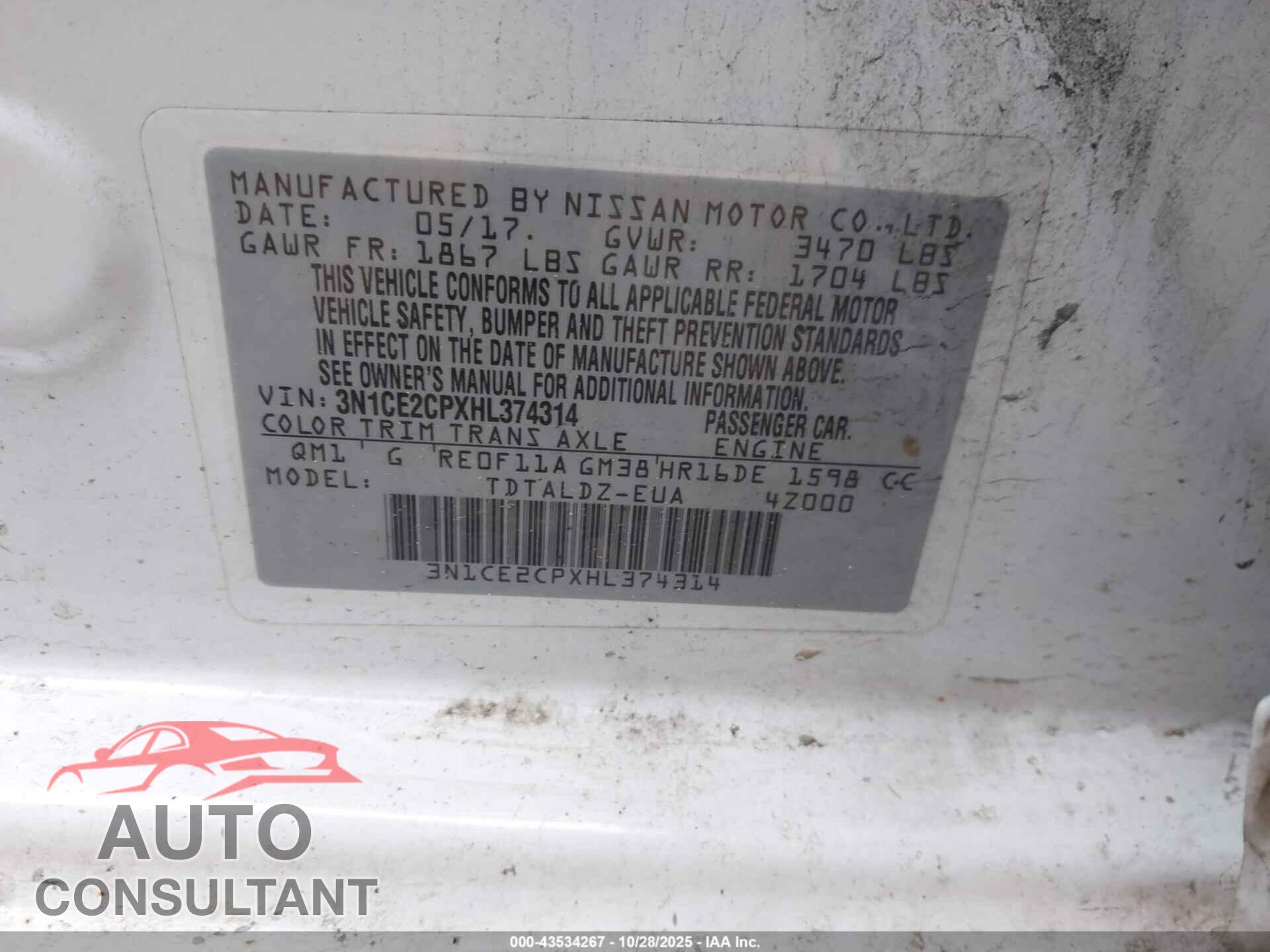 NISSAN VERSA NOTE 2017 - 3N1CE2CPXHL374314