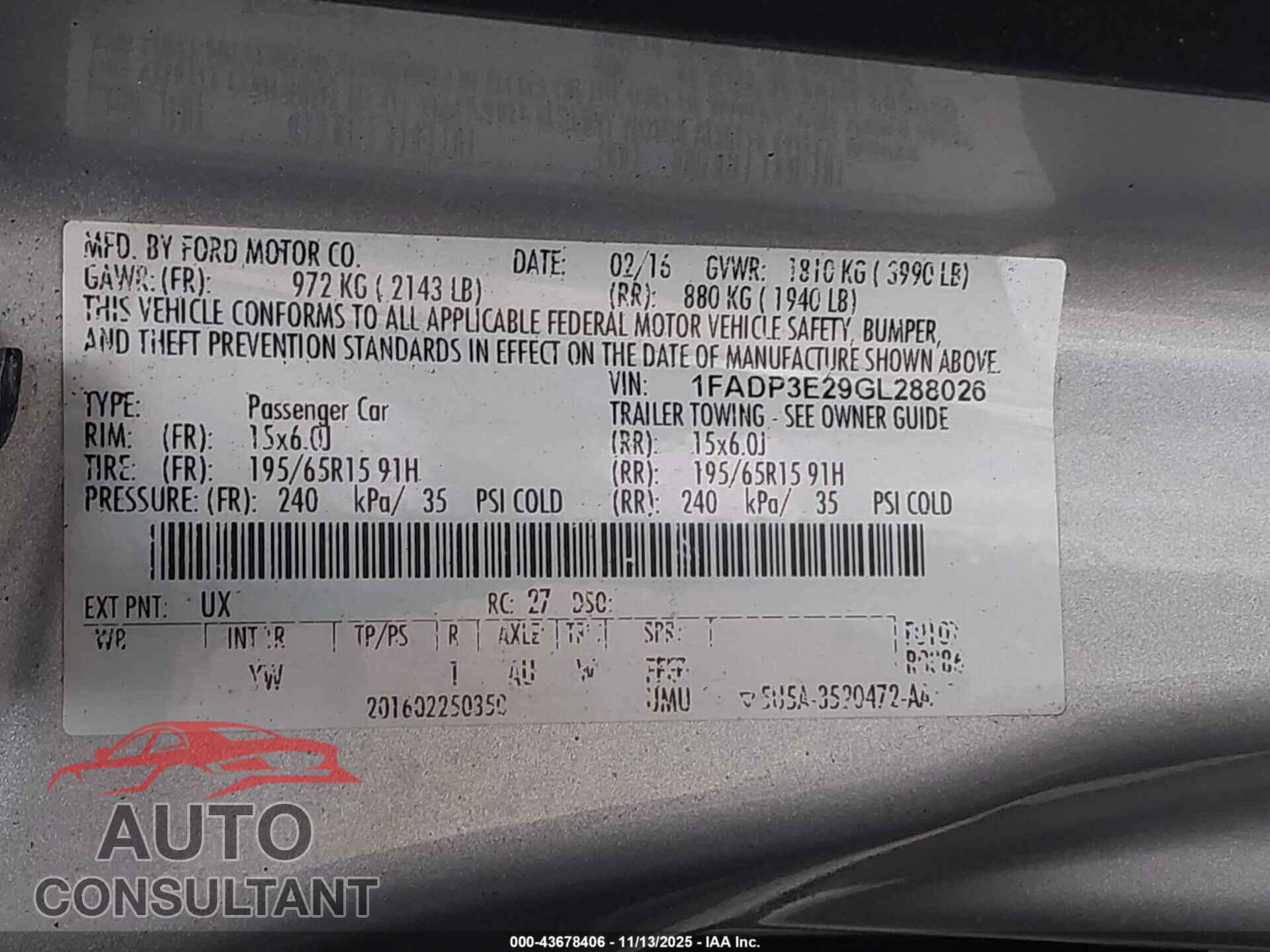 FORD FOCUS 2016 - 1FADP3E29GL288026