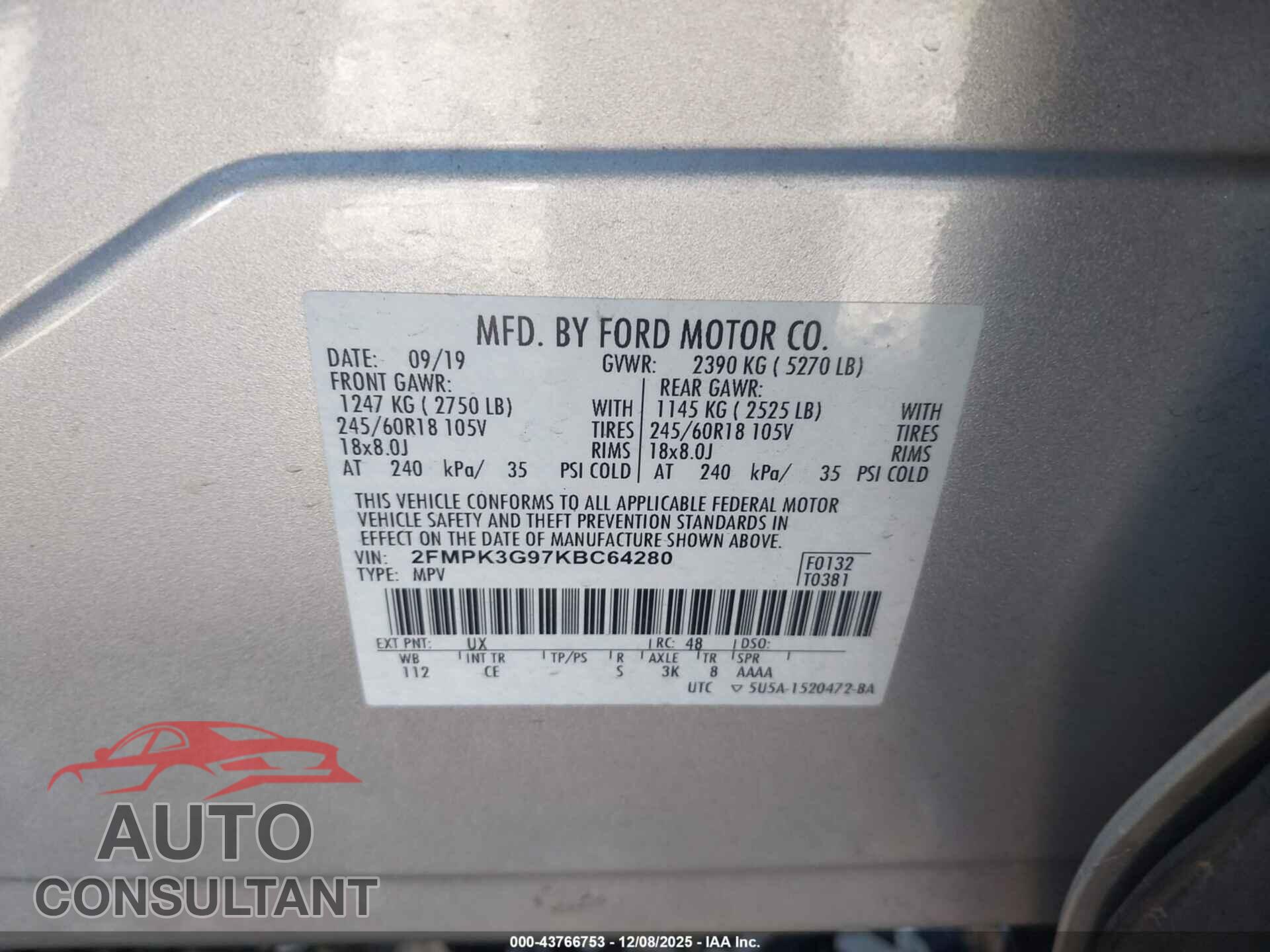 FORD EDGE 2019 - 2FMPK3G97KBC64280