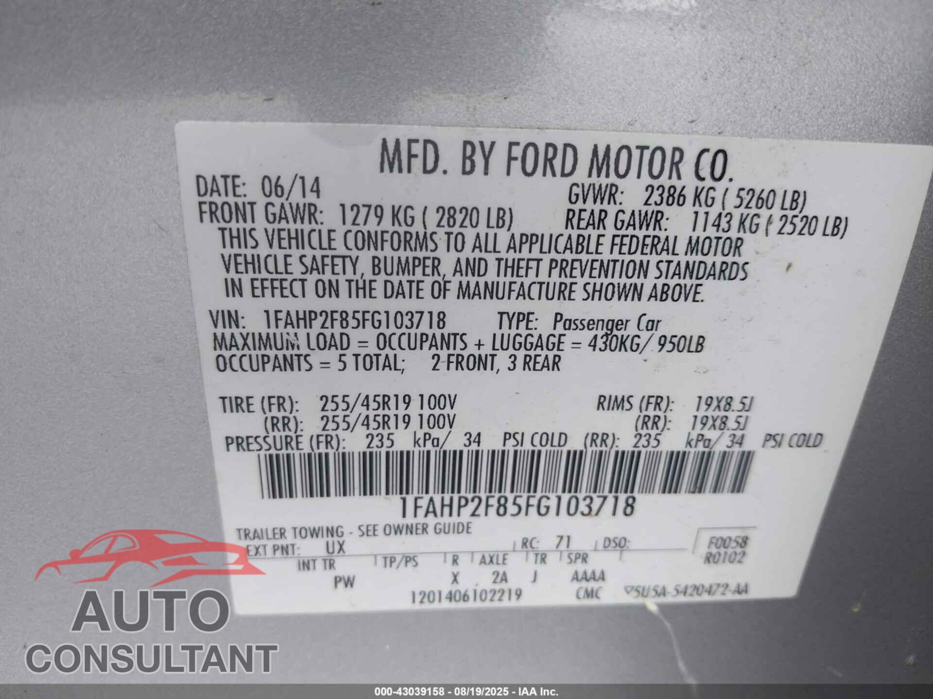 FORD TAURUS 2015 - 1FAHP2F85FG103718