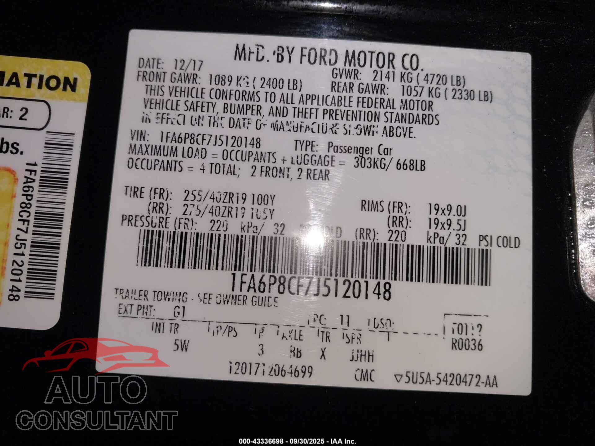 FORD MUSTANG 2018 - 1FA6P8CF7J5120148