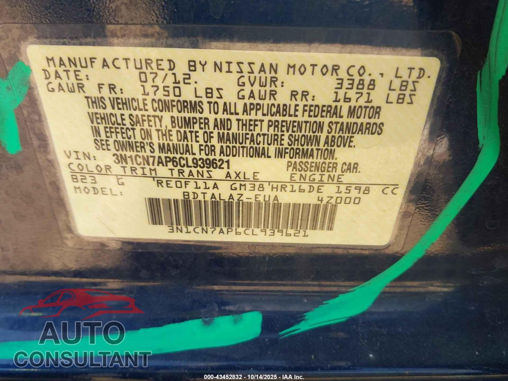 NISSAN VERSA 2012 - 3N1CN7AP6CL939621