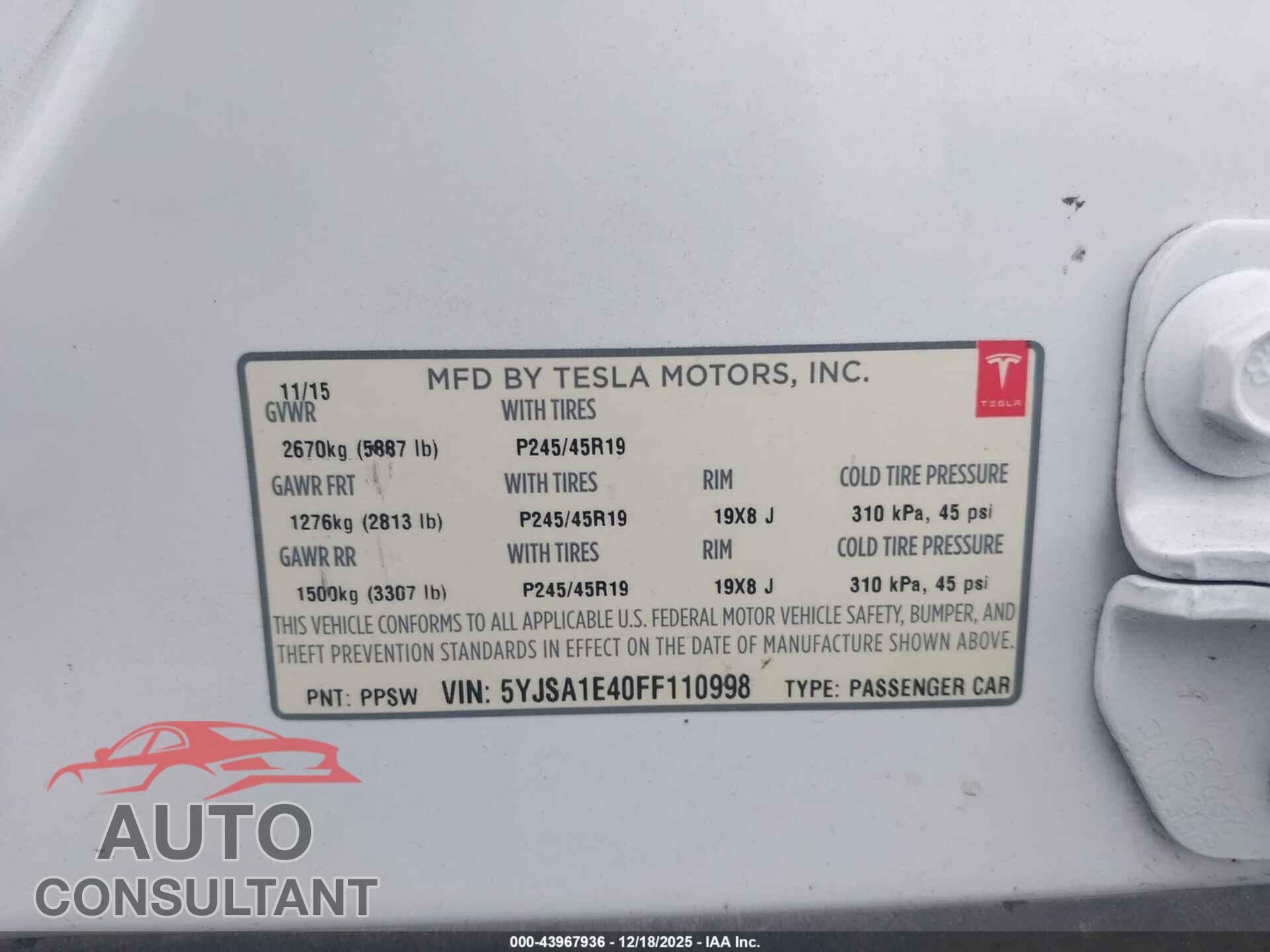 TESLA MODEL S 2015 - 5YJSA1E40FF110998