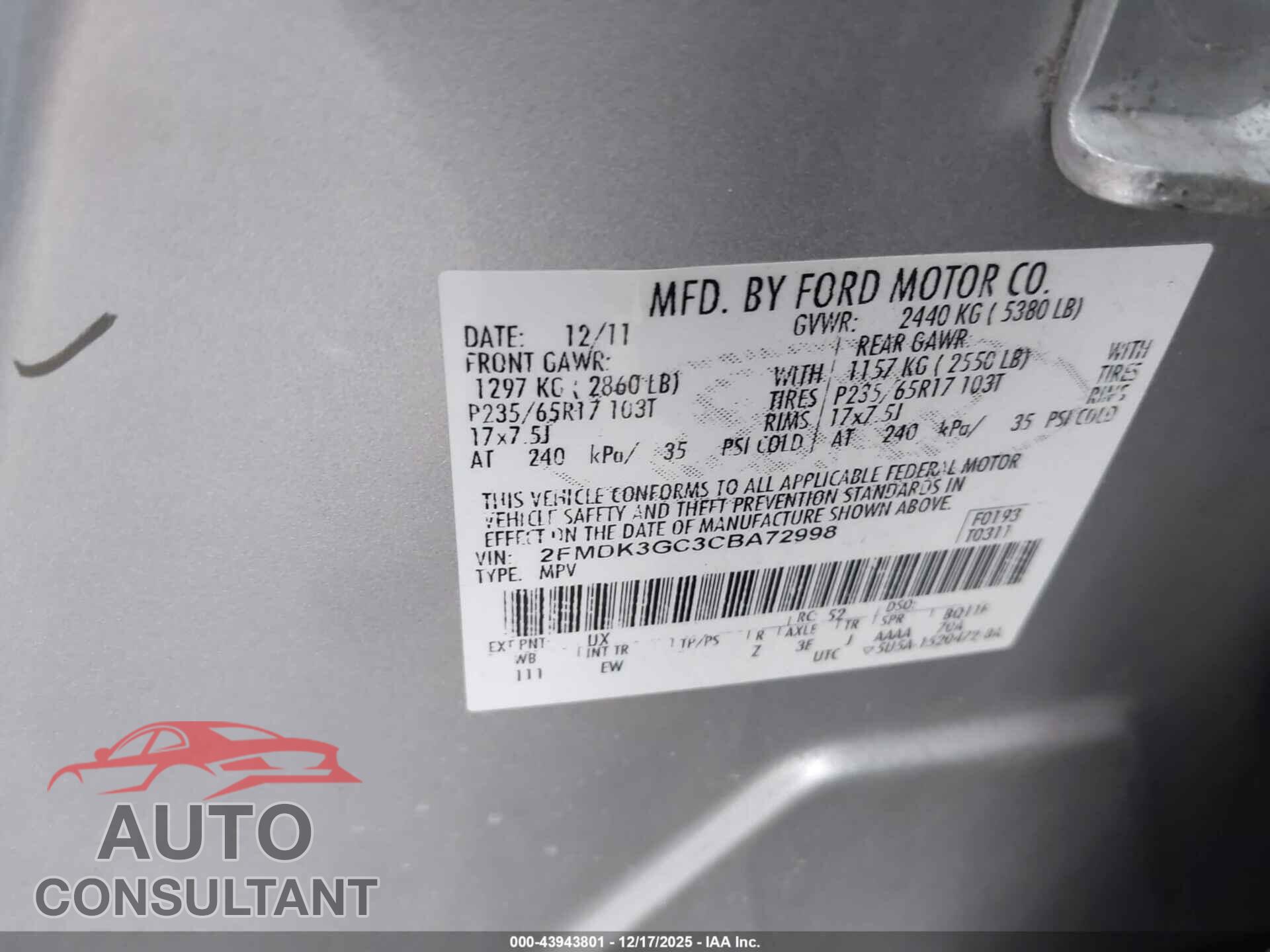 FORD EDGE 2012 - 2FMDK3GC3CBA72998