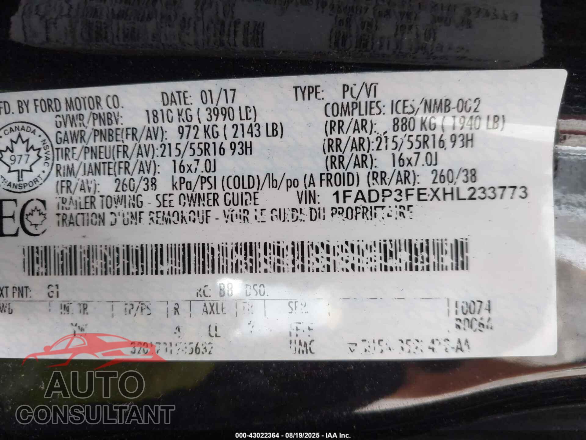 FORD FOCUS 2017 - 1FADP3FEXHL233773