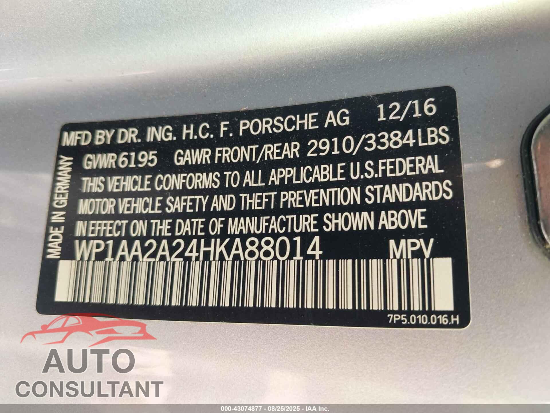 PORSCHE CAYENNE 2017 - WP1AA2A24HKA88014