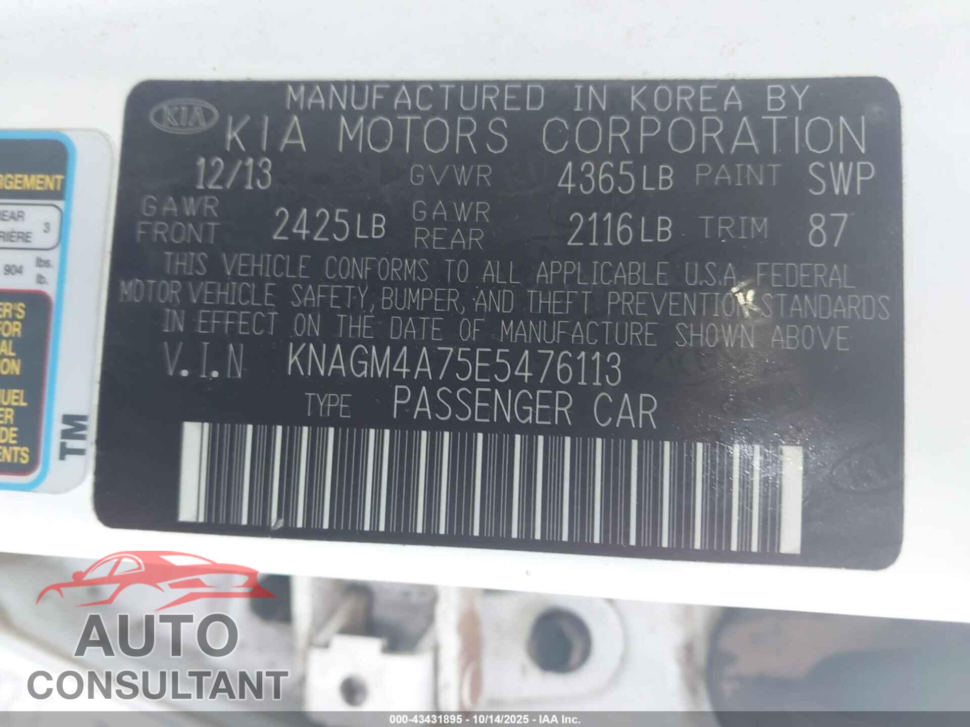 KIA OPTIMA 2014 - KNAGM4A75E5476113