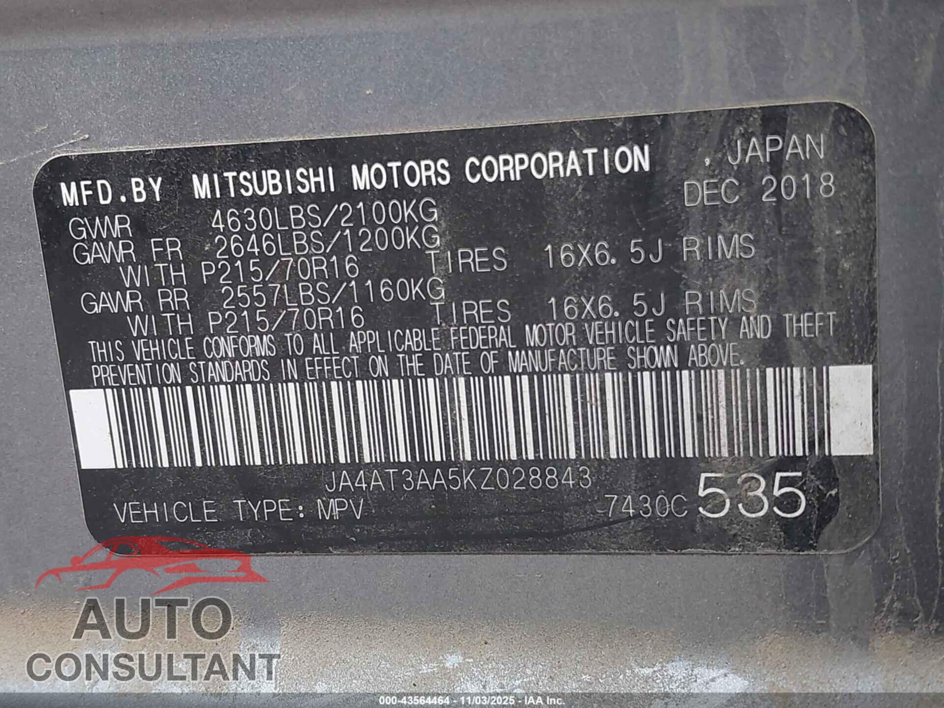 MITSUBISHI ECLIPSE CROSS 2019 - JA4AT3AA5KZ028843