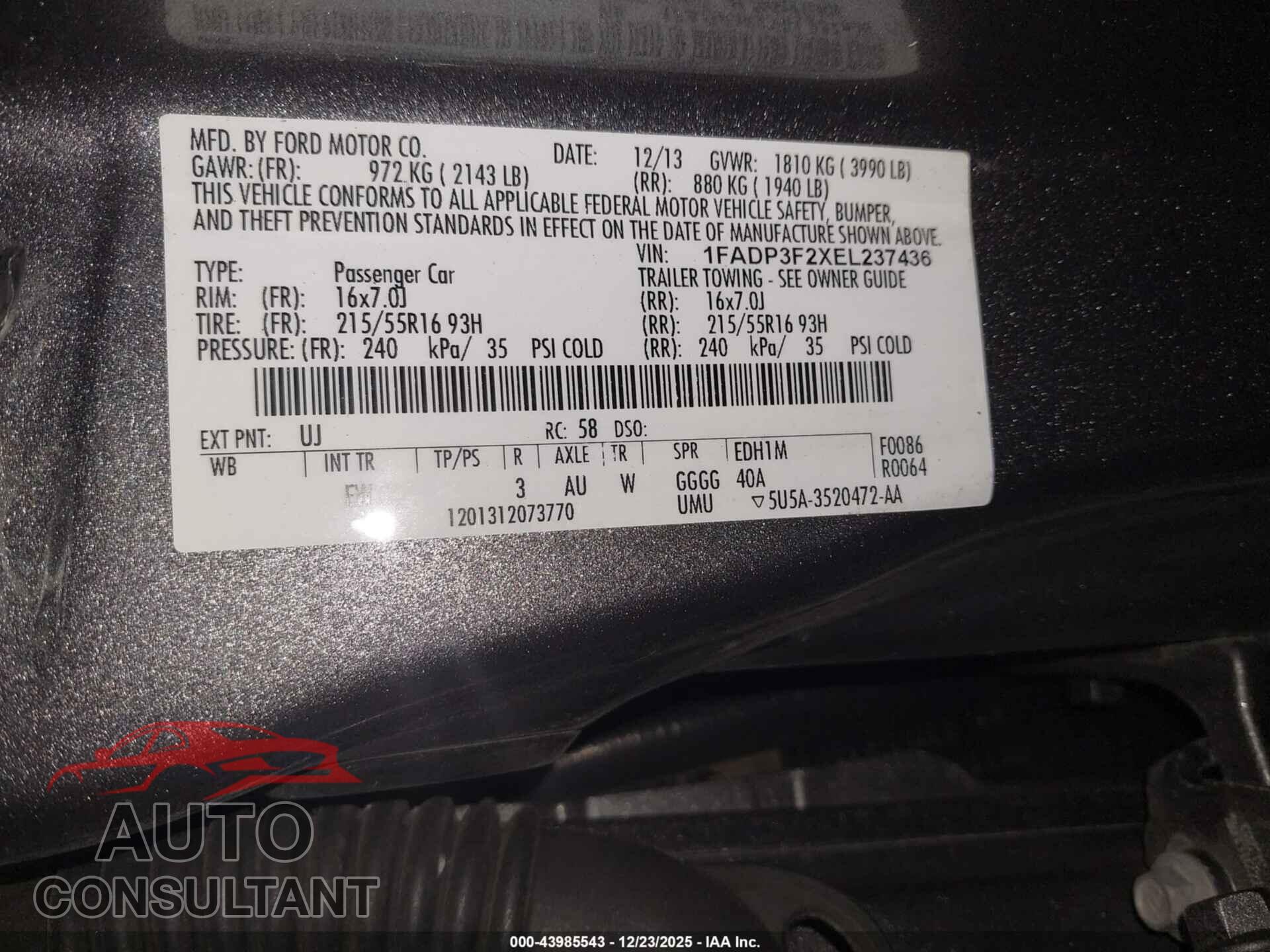 FORD FOCUS 2014 - 1FADP3F2XEL237436
