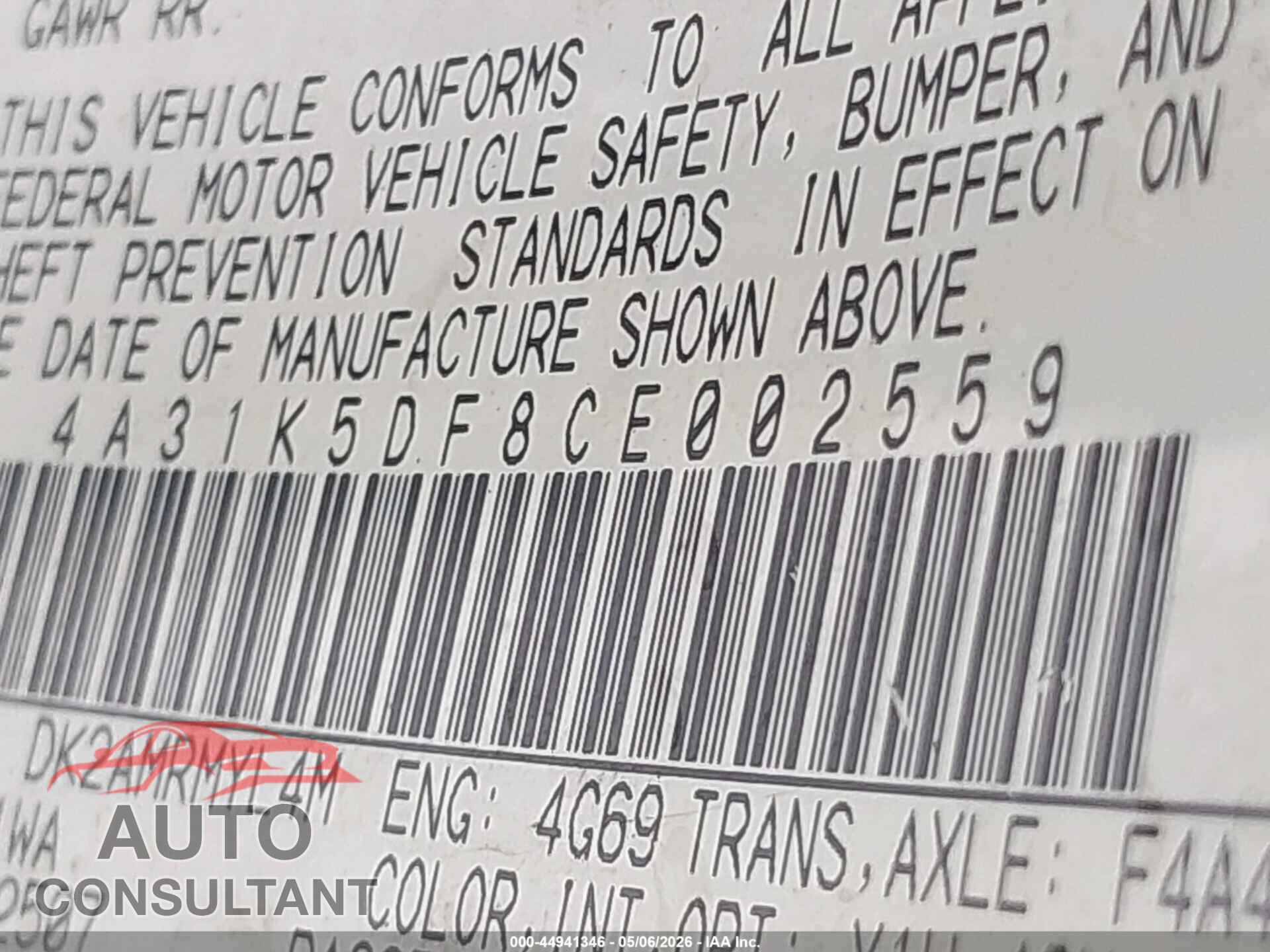 MITSUBISHI ECLIPSE 2012 - 4A31K5DF8CE002559