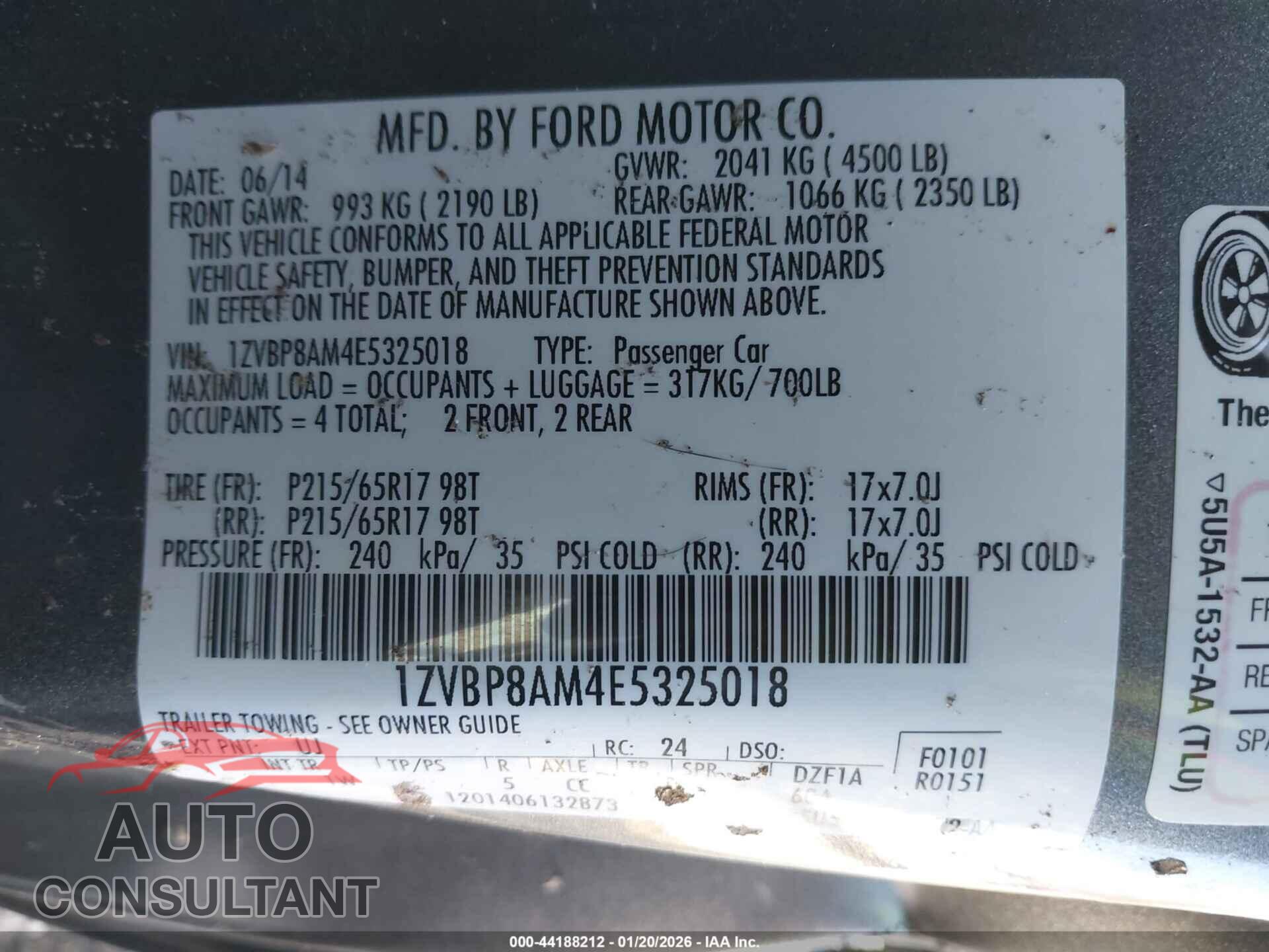 FORD MUSTANG 2014 - 1ZVBP8AM4E5325018
