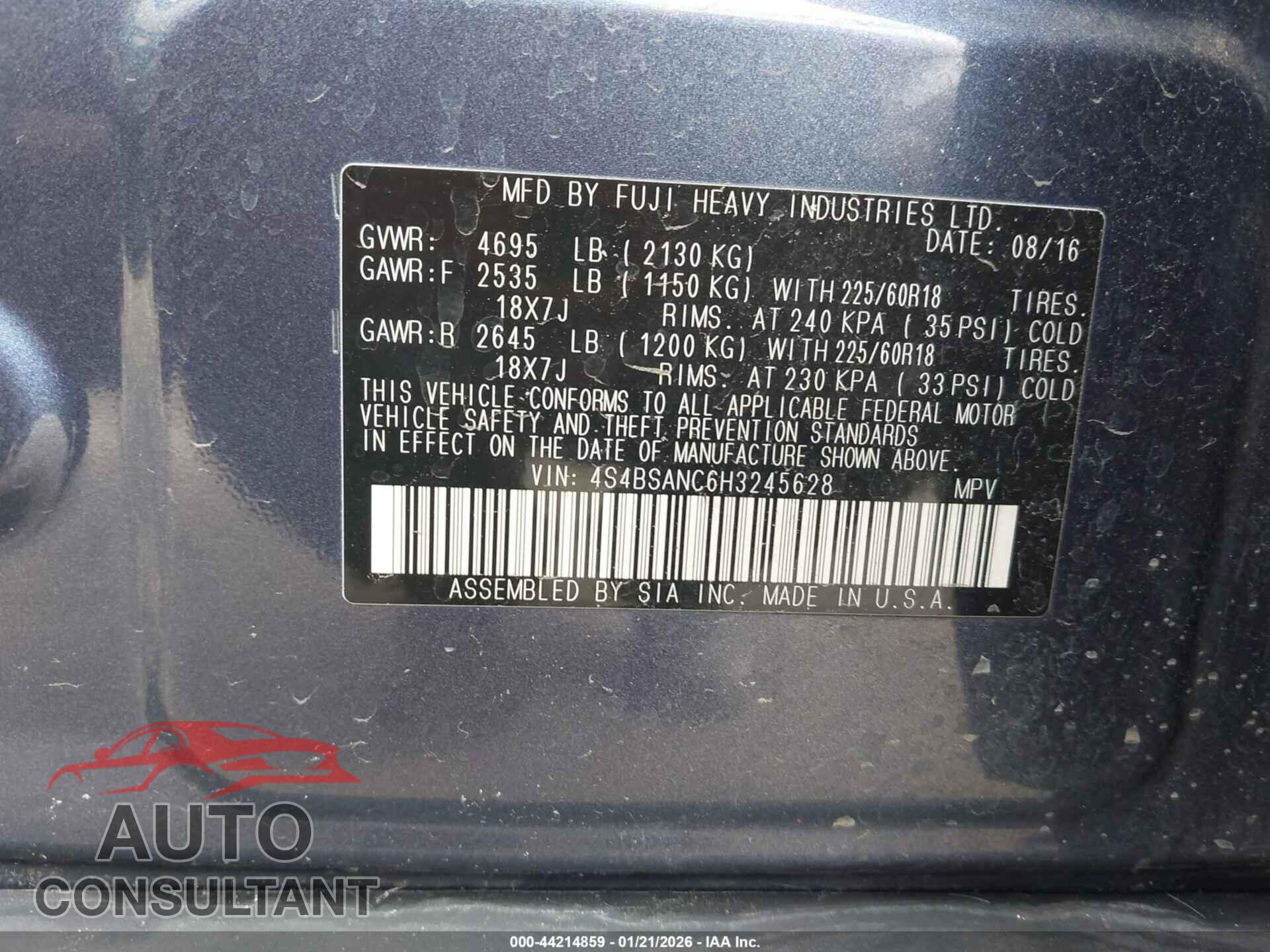 SUBARU OUTBACK 2017 - 4S4BSANC6H3245628