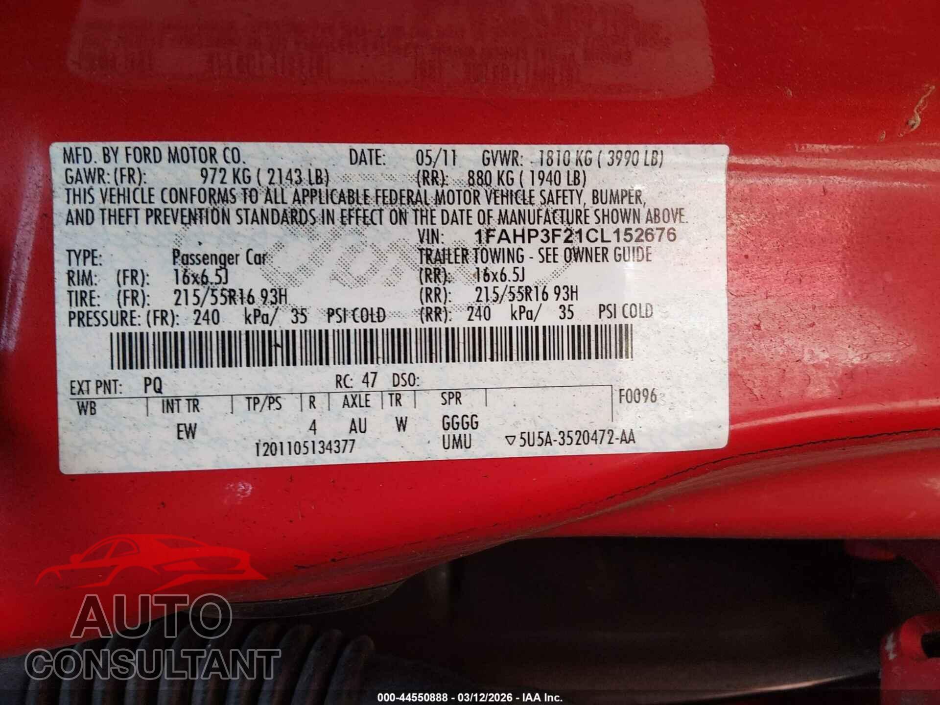 FORD FOCUS 2012 - 1FAHP3F21CL152676