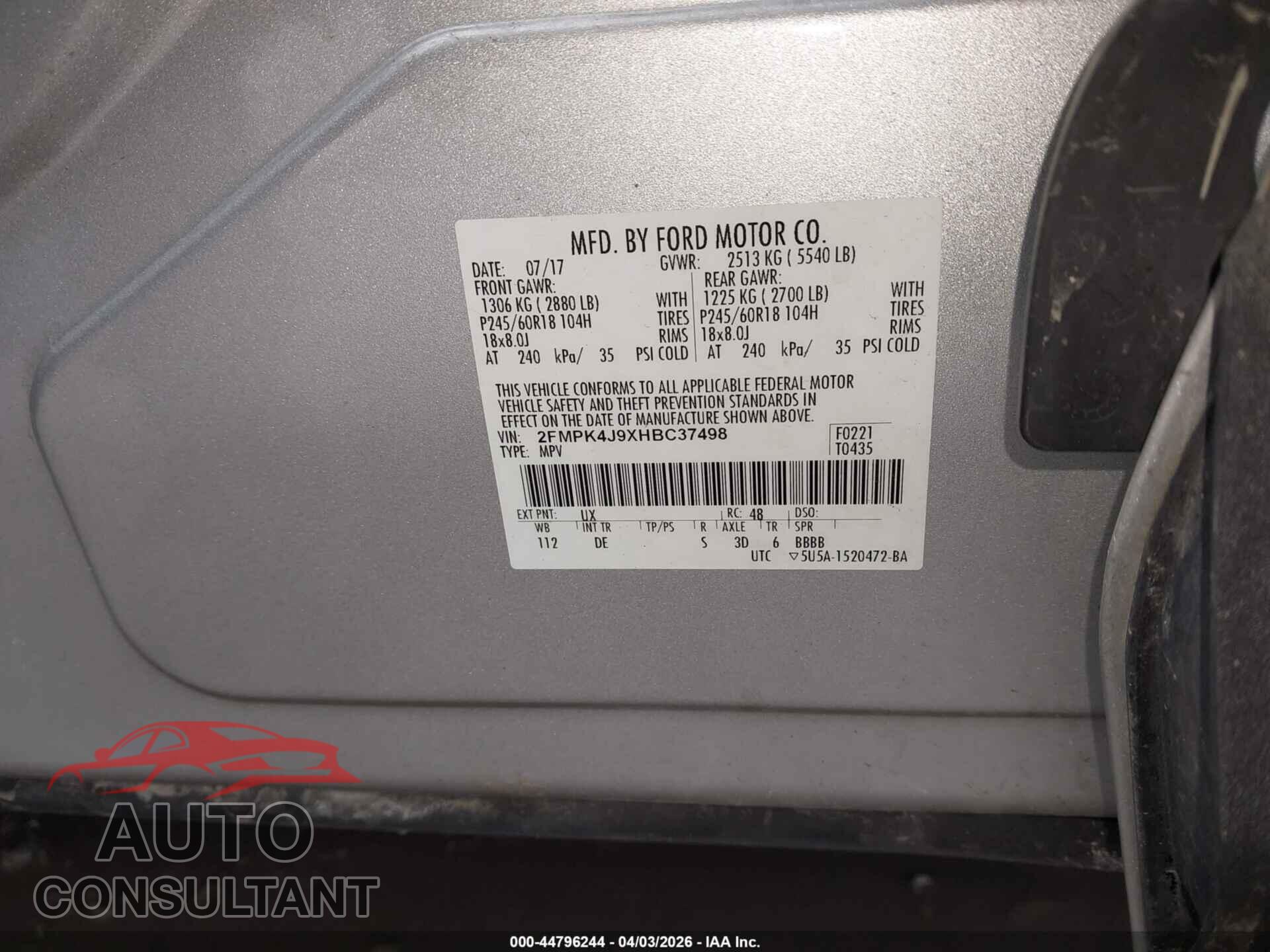 FORD EDGE 2017 - 2FMPK4J9XHBC37498