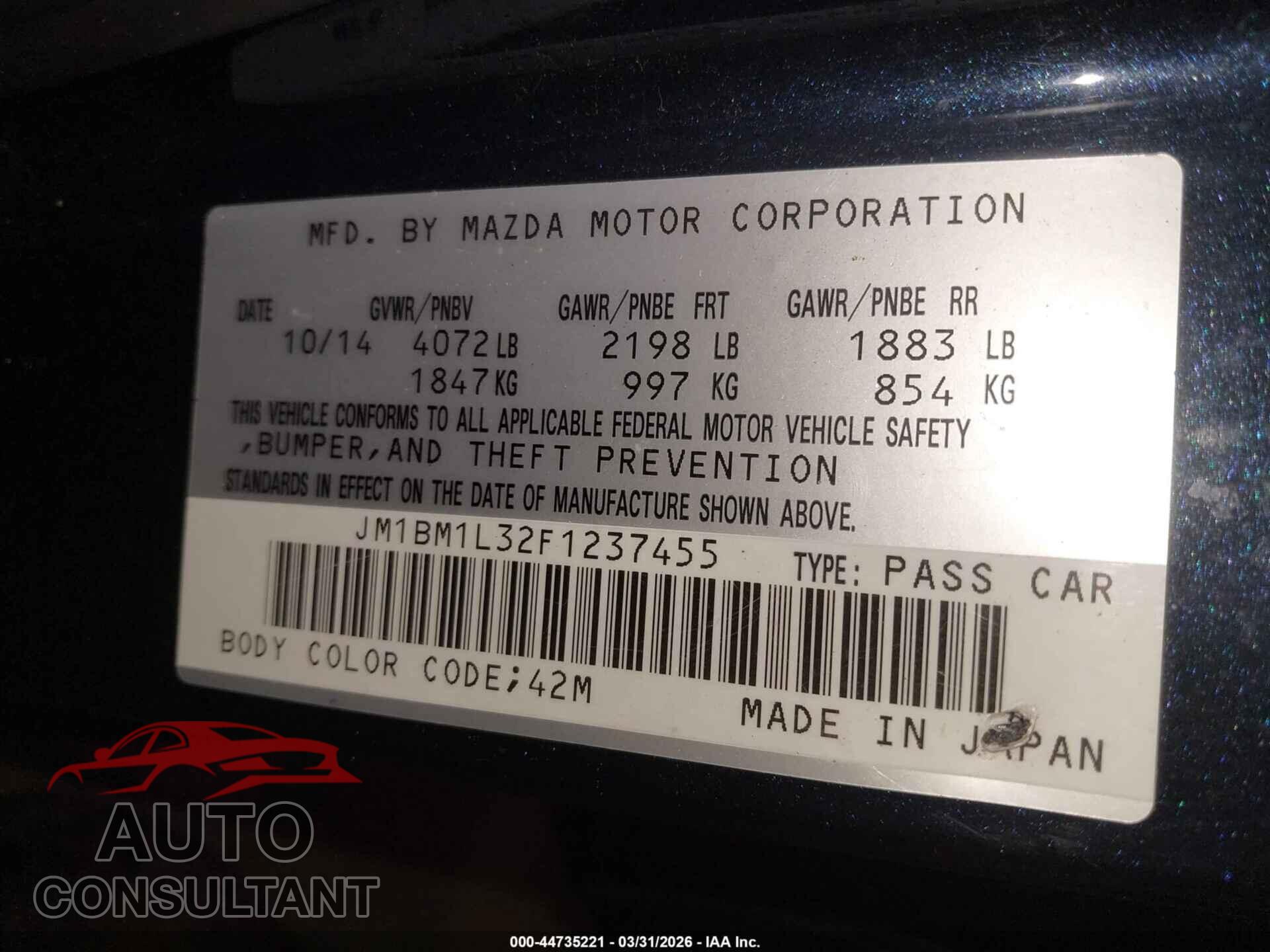 MAZDA MAZDA3 2015 - JM1BM1L32F1237455