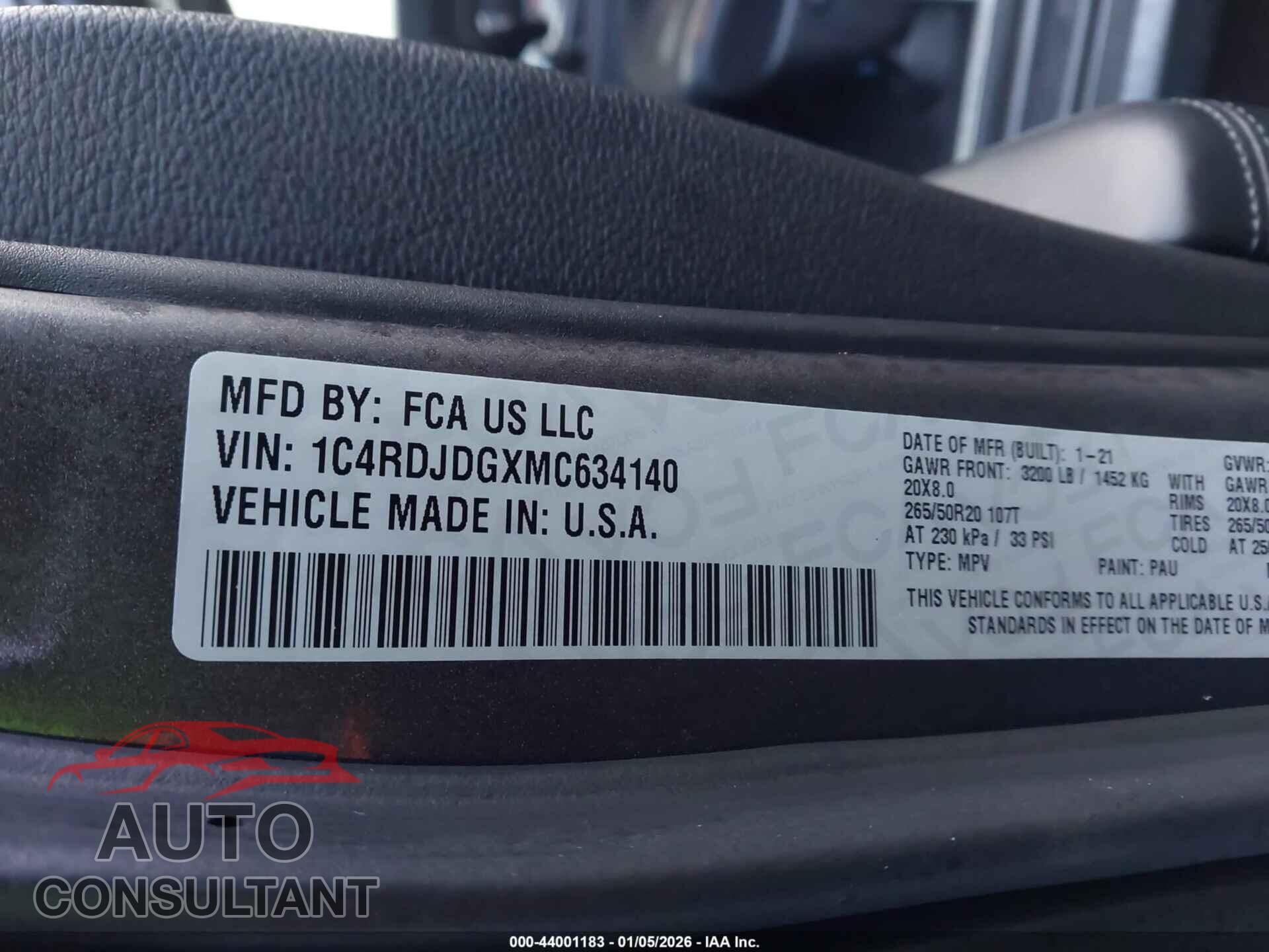 DODGE DURANGO 2021 - 1C4RDJDGXMC634140
