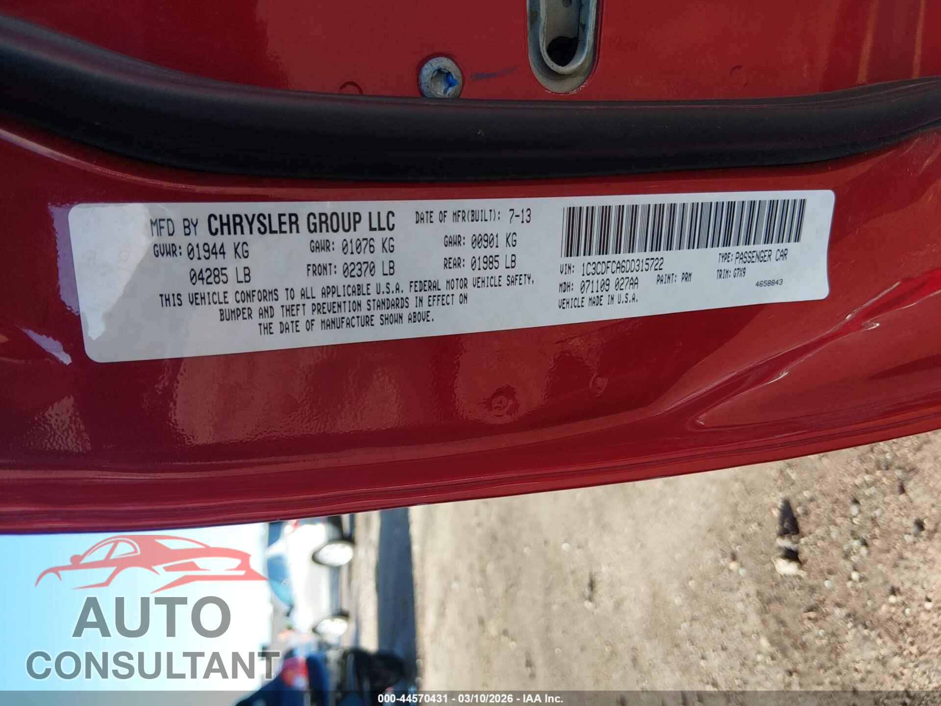 DODGE DART 2013 - 1C3CDFCA6DD315722