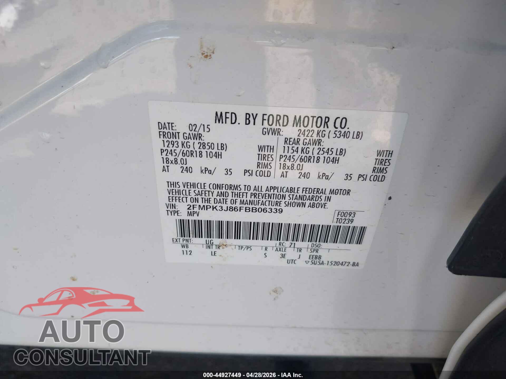 FORD EDGE 2015 - 2FMPK3J86FBB06339