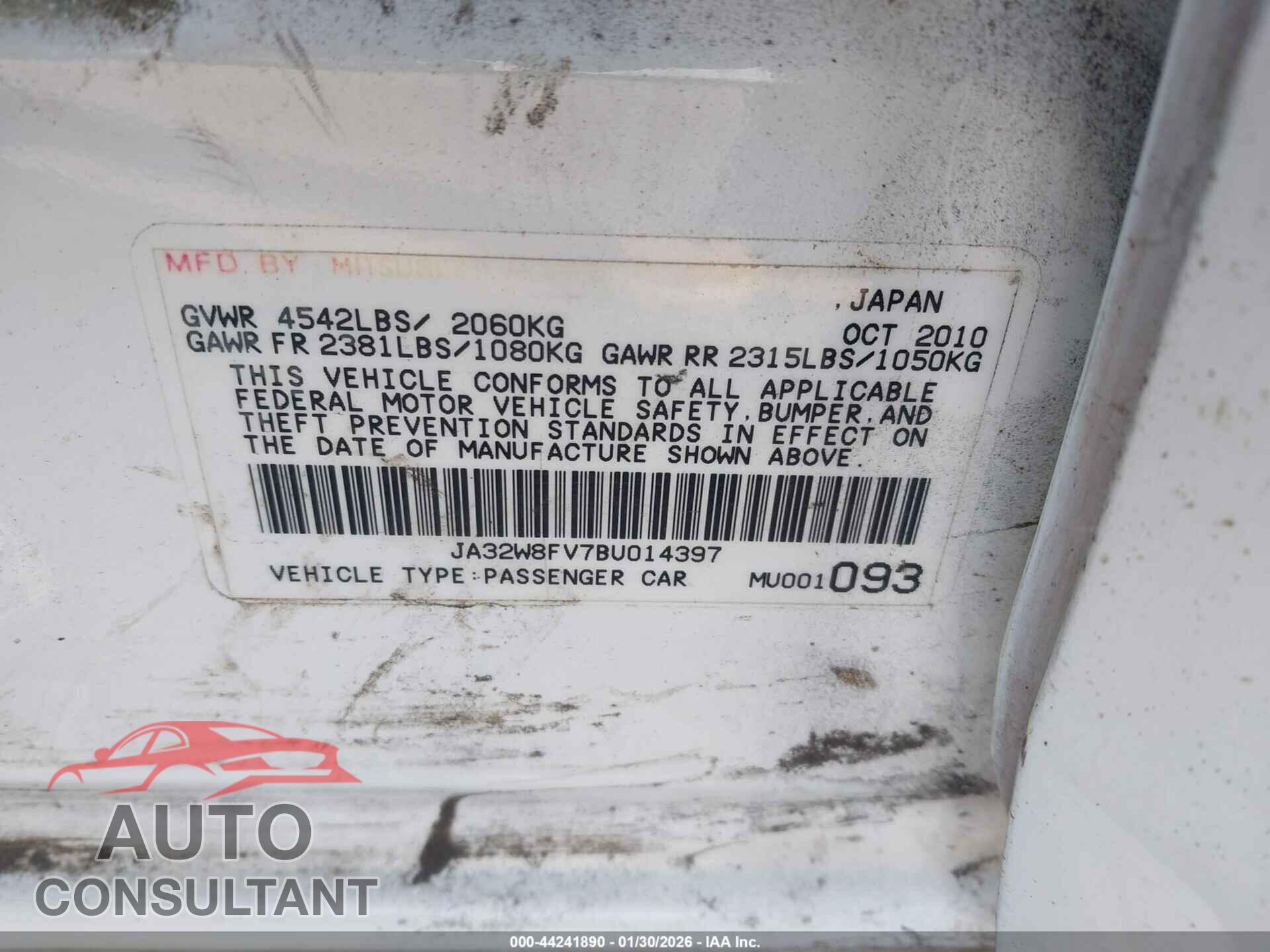 MITSUBISHI LANCER EVOLUTION 2011 - JA32W8FV7BU014397