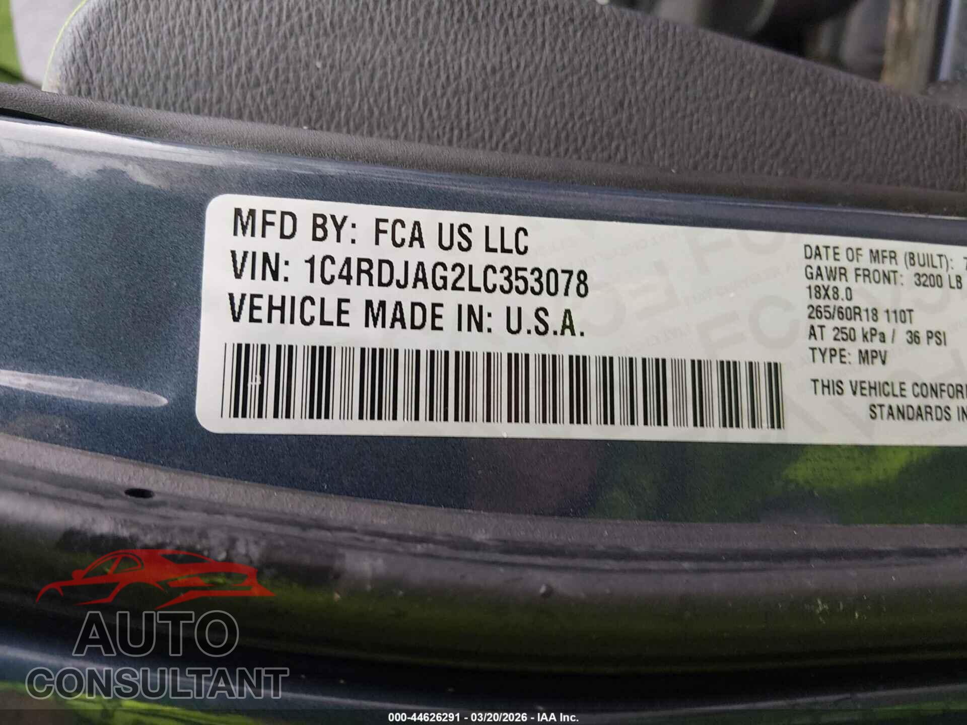 DODGE DURANGO 2020 - 1C4RDJAG2LC353078